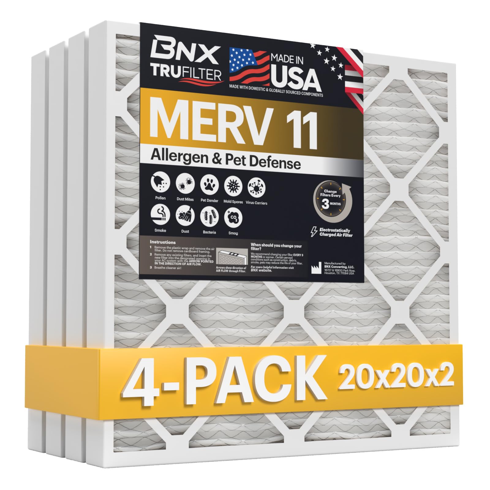 BNX TruFilter 20x20x2 Air Filter MERV 11 (4-Pack) - MADE IN USA