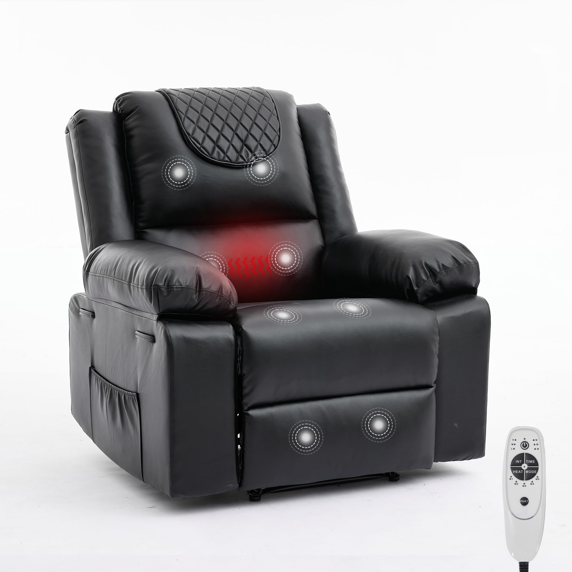 Manual Recliner Chair for Adults with Heating &amp; Massage, 135° Adjustable Reclining Lounge Chair with Side Pockets &amp; Remote Control, Ideal for Living Room Bedroom,Black