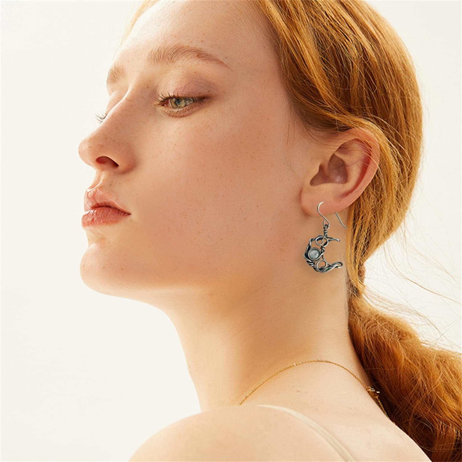 Unique Boho Vintage Asymmetry Opal Sun and Moon Drop Dangle Earrings Moonstone Natural Stone Hook Bohemian for Women Asymmetrical Antiqued Silver Celestial Jewelry - Image 3