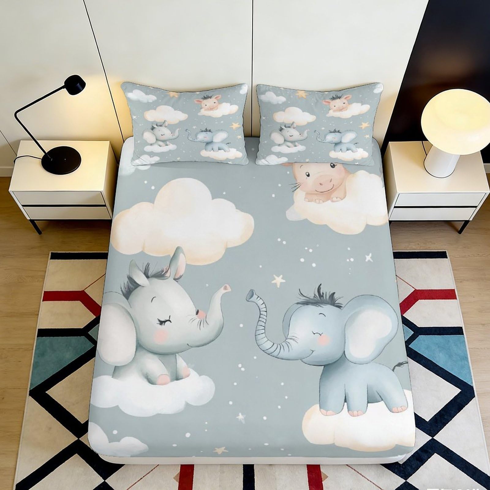 Jqzkxnhpbr Style-4 3D Printed Cartoon Elephant Clouds Fitted Sheet Microfiber Soft Anti-Slip Bed Cover For Bedroom Guest Room Decor 90X200x25cm