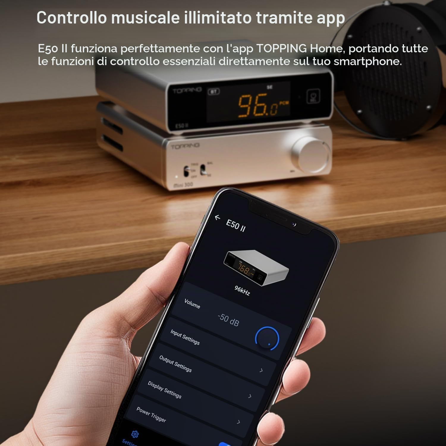 TOPPING E50 II DAC da tavolo con preamp, ingressi USB/Ottico/Coassiale/Bluetooth, convertitore audio digitale-analogico AK4497S, PEQ a 10 bande, uscita TRS/RCA, decoder HiFi con controllo APP, Nero