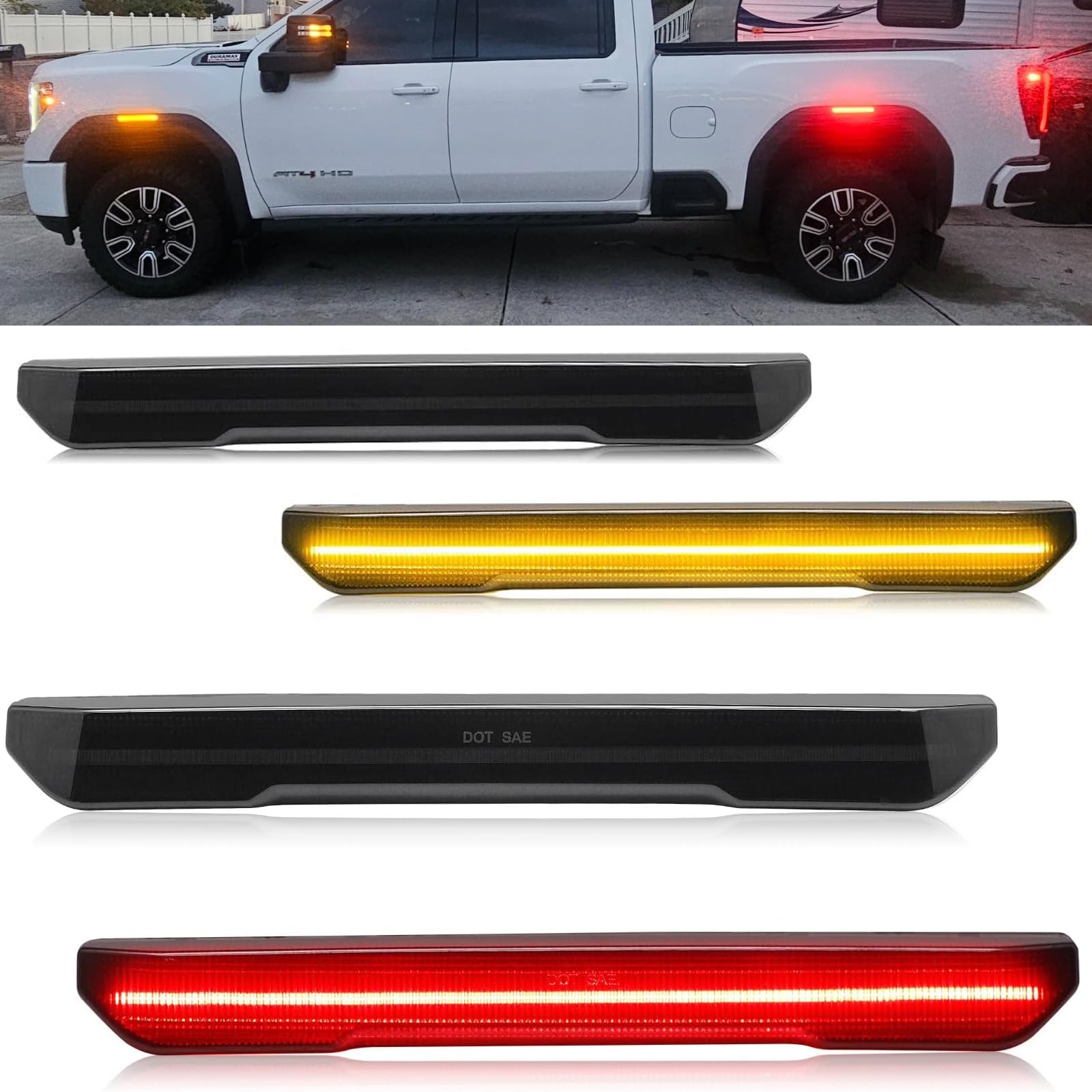 Photo 1 of Jinfili LED Side Marker Light accessories Replacement for Sierra 2500HD 3500HD 2020-2024 Pickup Truck Amber Front Rear Red Side Marker Driver Passenger Fender Lamp Kits Smoked Lens