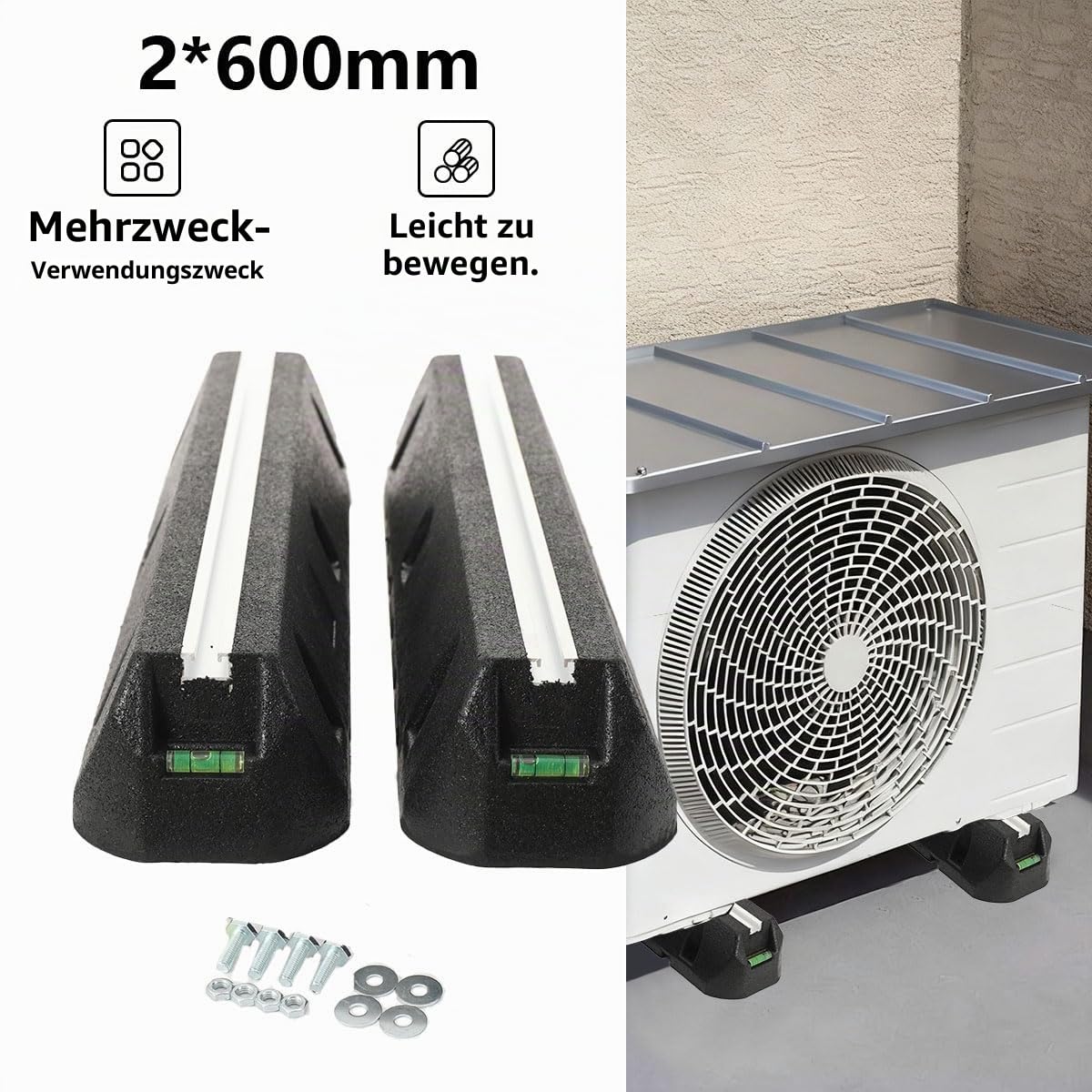2PCS Schwingungsdämpfer Dämpfungssockel für Wärmepumpe Klimaanlage, Antivibrationsfüße Gummi Befestigungs-Set inkl Schrauben 600mm, Bodenkonsole Wasserdichter und Stoßdämpfender Aufstellbalken
