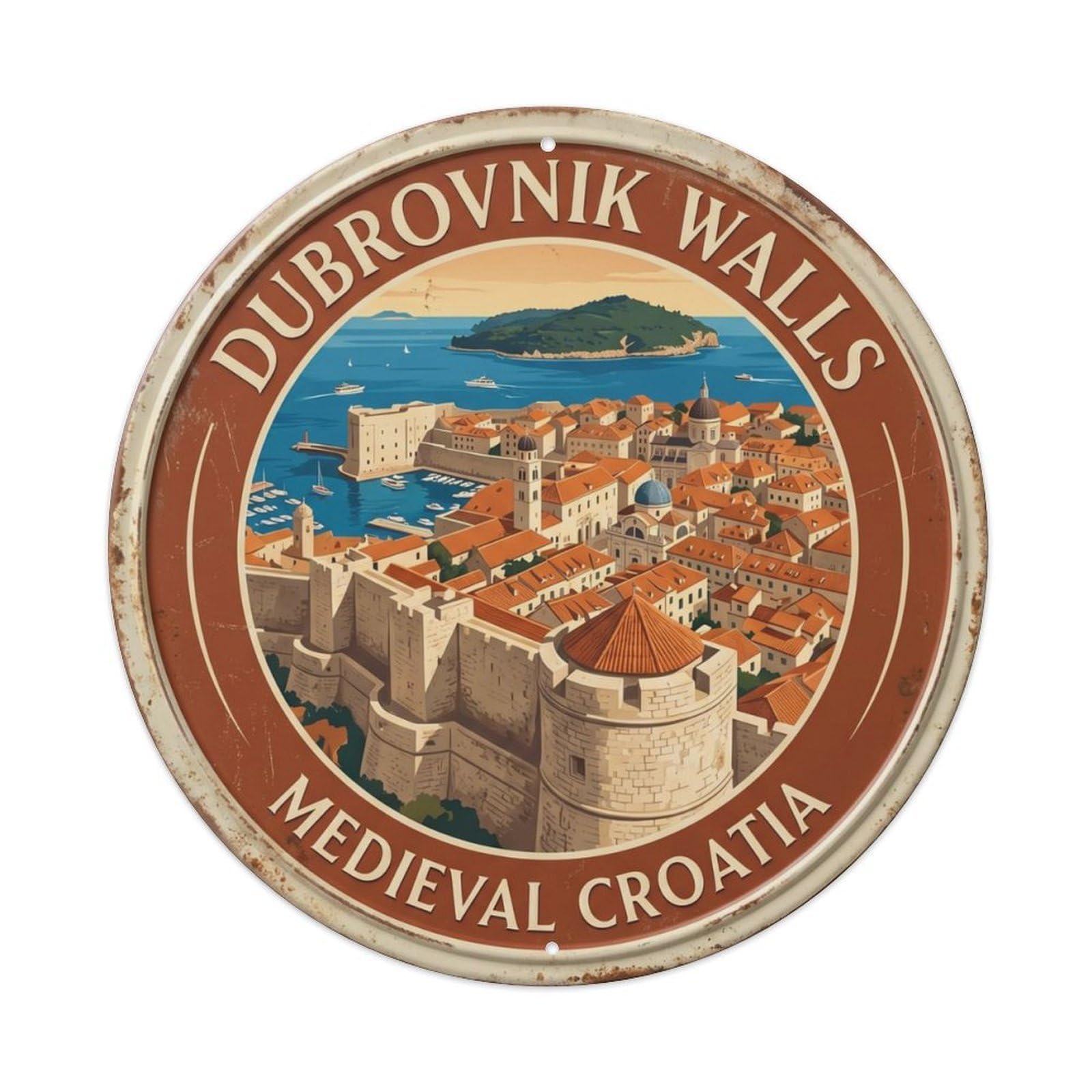 Dubrovnik Walls Medieval Croatia Fortress Metal Tin Sign Plaque Wall Decor for Cafe, Club Bar, Office, Home Garden Round Metal Poster 8x8Inch