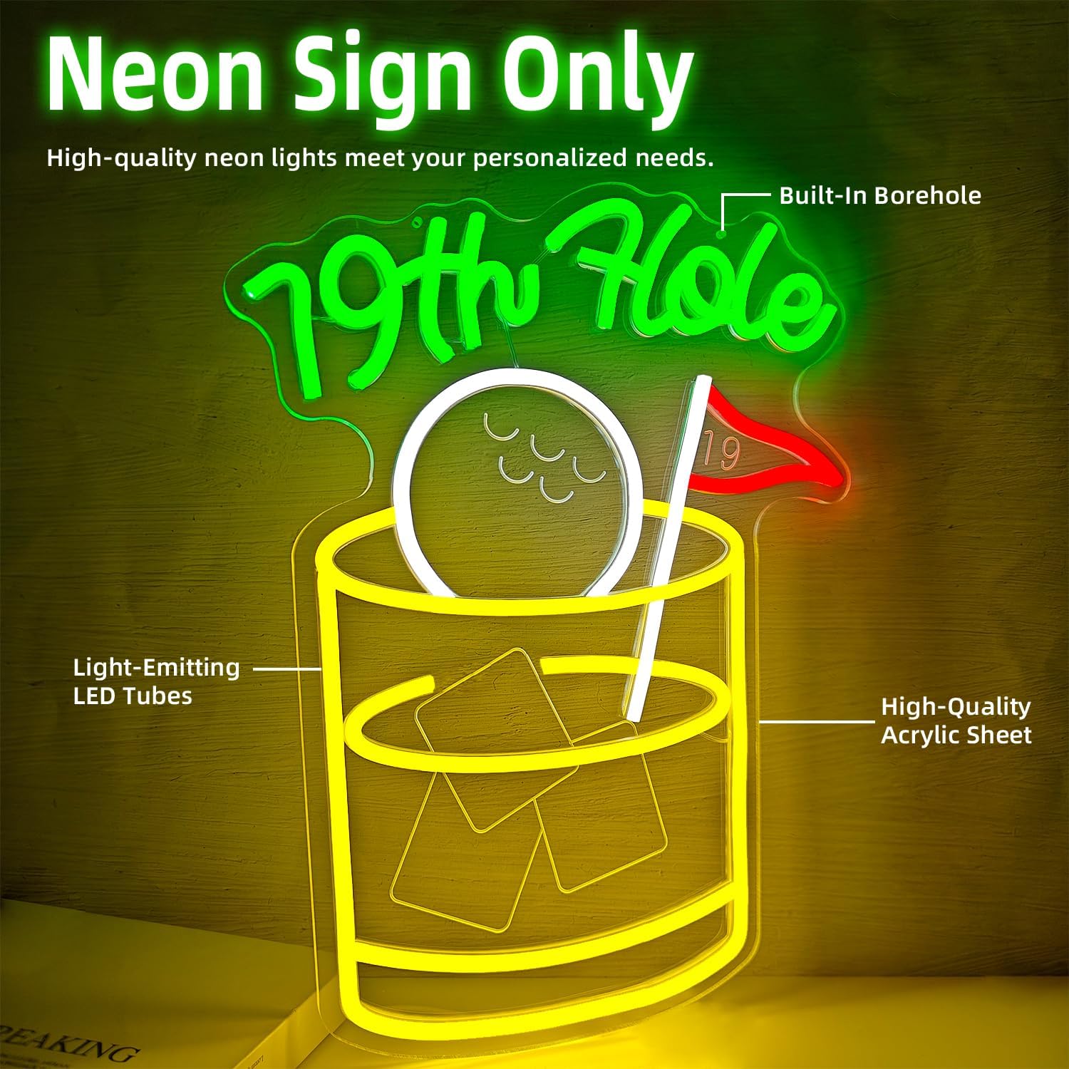 19th Hole Neon Sign for Wall Golf LED Light sign for Bar Pub Club Dimmable Golf Neon Wall Decor for Party Acrylic Ice Whiskey Neon Light Cool Christmas Holiday Gifts for Golf Lovers Family