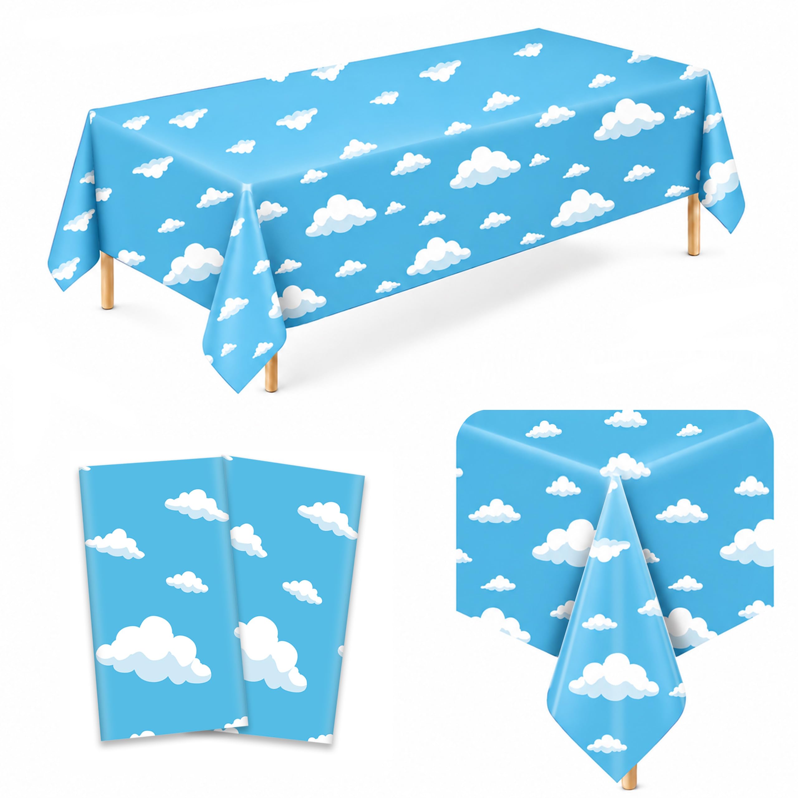 2 Pack Blue Sky Cloud Plastic Tablecloths, 54 x 108 in, Disposable Covers
