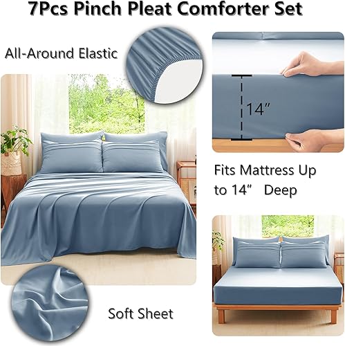 Miniatura 5 de CozyLux Juego de edredón tamaño Queen, color azul grisáceo, 7 piezas de cama plisada suave en una bolsa, juego de edredón Queen con sábanas, juego