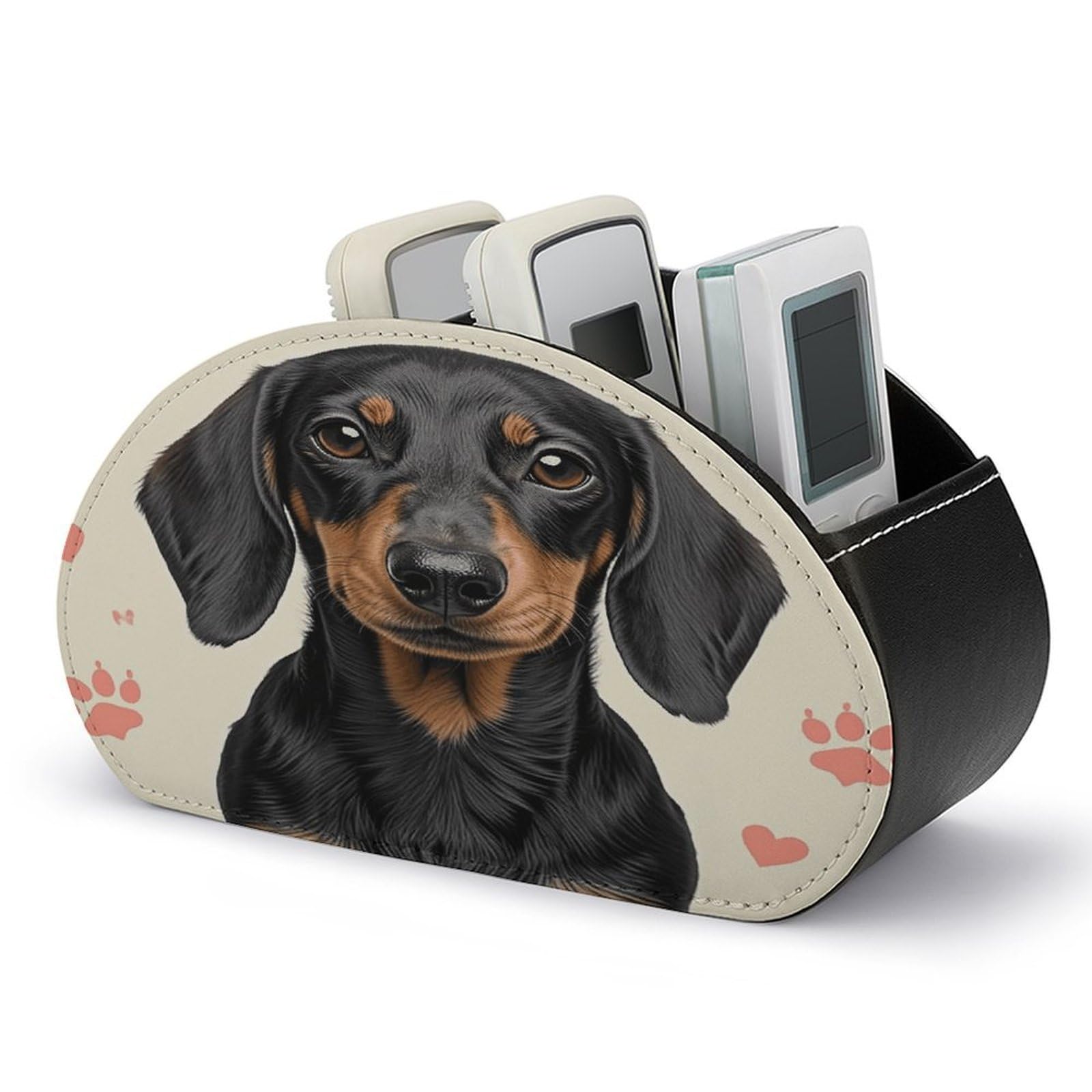 VstaDank Dachshund Paw Print Remote Control Holder with 5 Compartments PU Leather TV Remoter Caddy Desktop Organizer TV Remote Holder Remote Box for Media Controllers Office Supplies