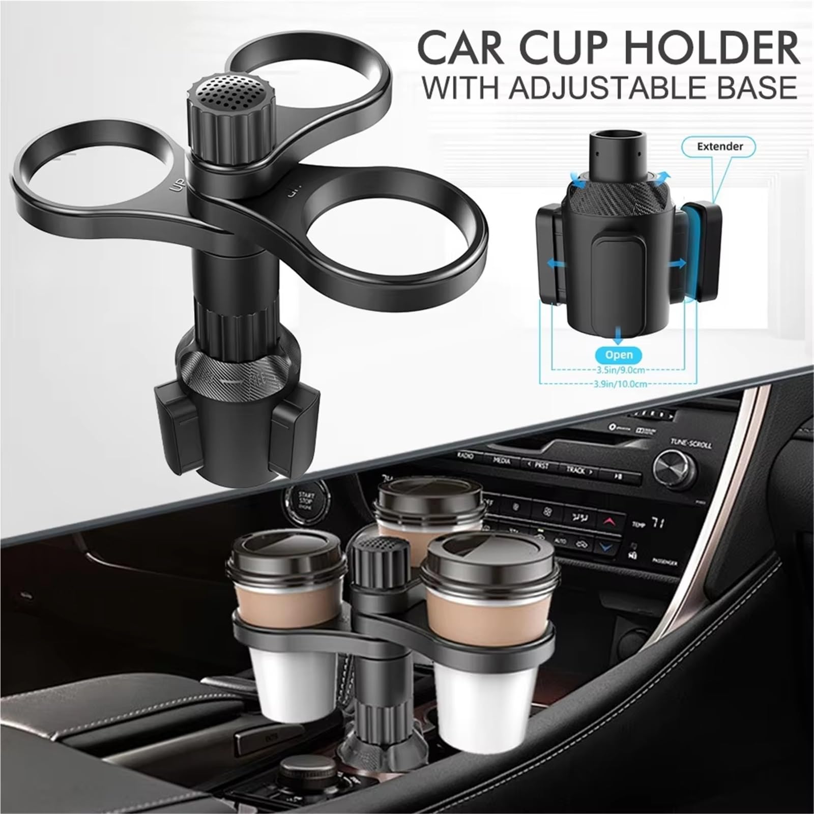 Porte-Gobelet Voiture Adaptateur D'extension Porte-gobelet Voiture 3 En 1, Support D'insertion Boisson Rotatif À 360 Degrés Base Réglable Porte-gobelet Voiture