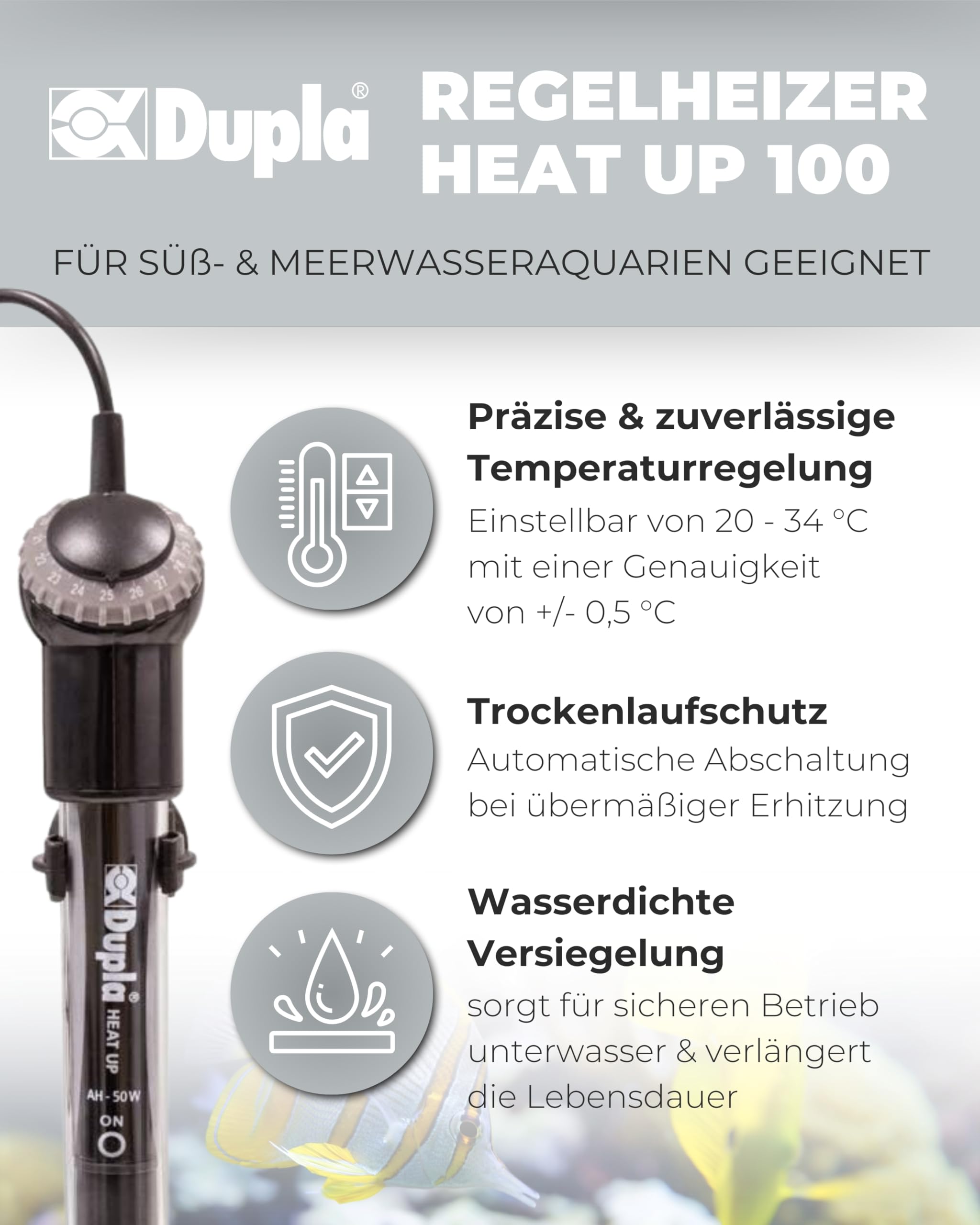 Dupla Heat Up 100 I 100 Watt Regelheizer für Aquarien I Aquarienheizer für Aquarien bis 150 L I energieeffizient und zuverlässig I Aquarium Heizstab I geeignet für Süßwasser- und Meerwasseraquarien