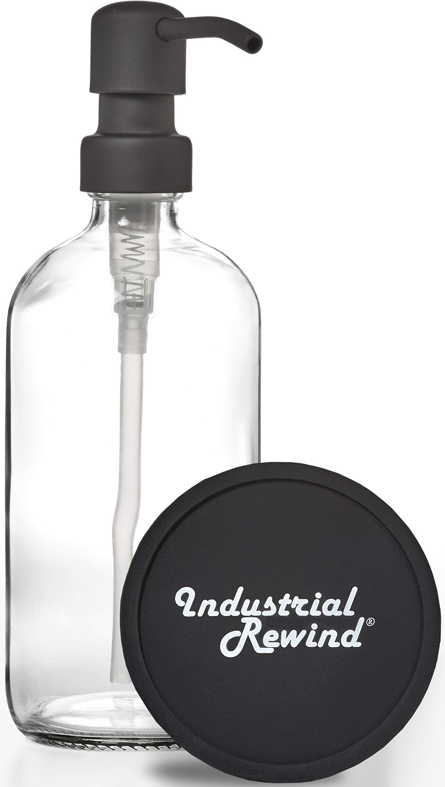 Matte Black Soap Dispenser Pump on Clear 16oz Durable Glass Bottle for Kitchen Sink or Restroom Vanity