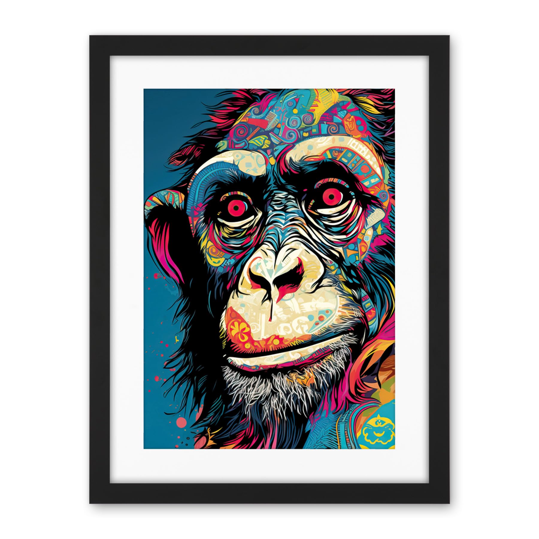Artery8 Chimpanzee Acrylic Painting Vibrant Psychedelic Pattern Portrait Modern Artwork Framed Wall Art Print 18X24 Inch