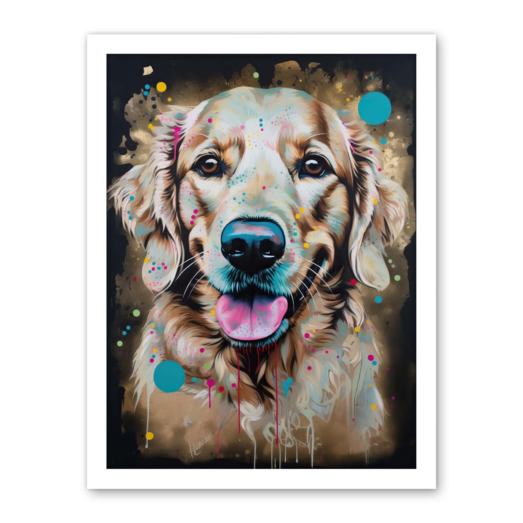 Artery8 Happy Smiling Golden Retriever Dog Portrait Artwork Framed Wall Art Print 18X24 Inch