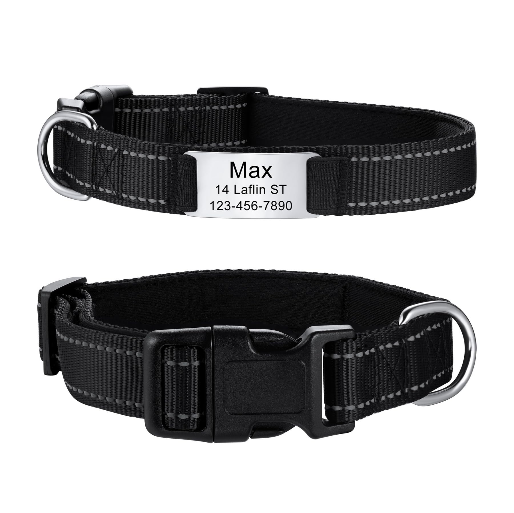 MeMeDIY Personalized Dog Collars Padded Reflective Nylon Dog Collar with Engraved Name Pet ID Tag Silent Stainless Steel Nameplate Adjustable Collar for Small Medium and Large Dogs -Black, M