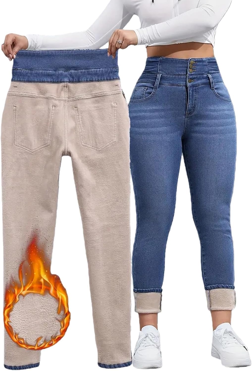 Fleece Lined Jeans Women Thermal Slim Fit Elastic High Waisted Jean Pants Thick Skinny Denim Pants Warm Fall Outfits
