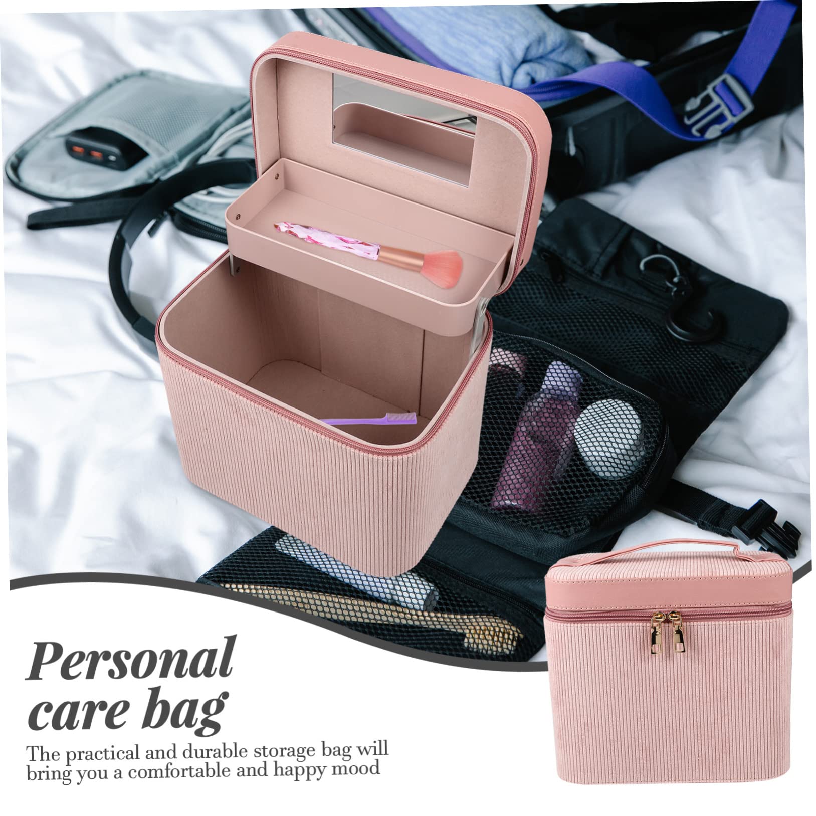 Mikinona Tragbarer Kulturbeutel Hartschale mit Spiegel Zweilagige Kosmetikaufbewahrungstasche aus Corduroy für Damen als Make Up Kasten und Reise Make Up Tasche