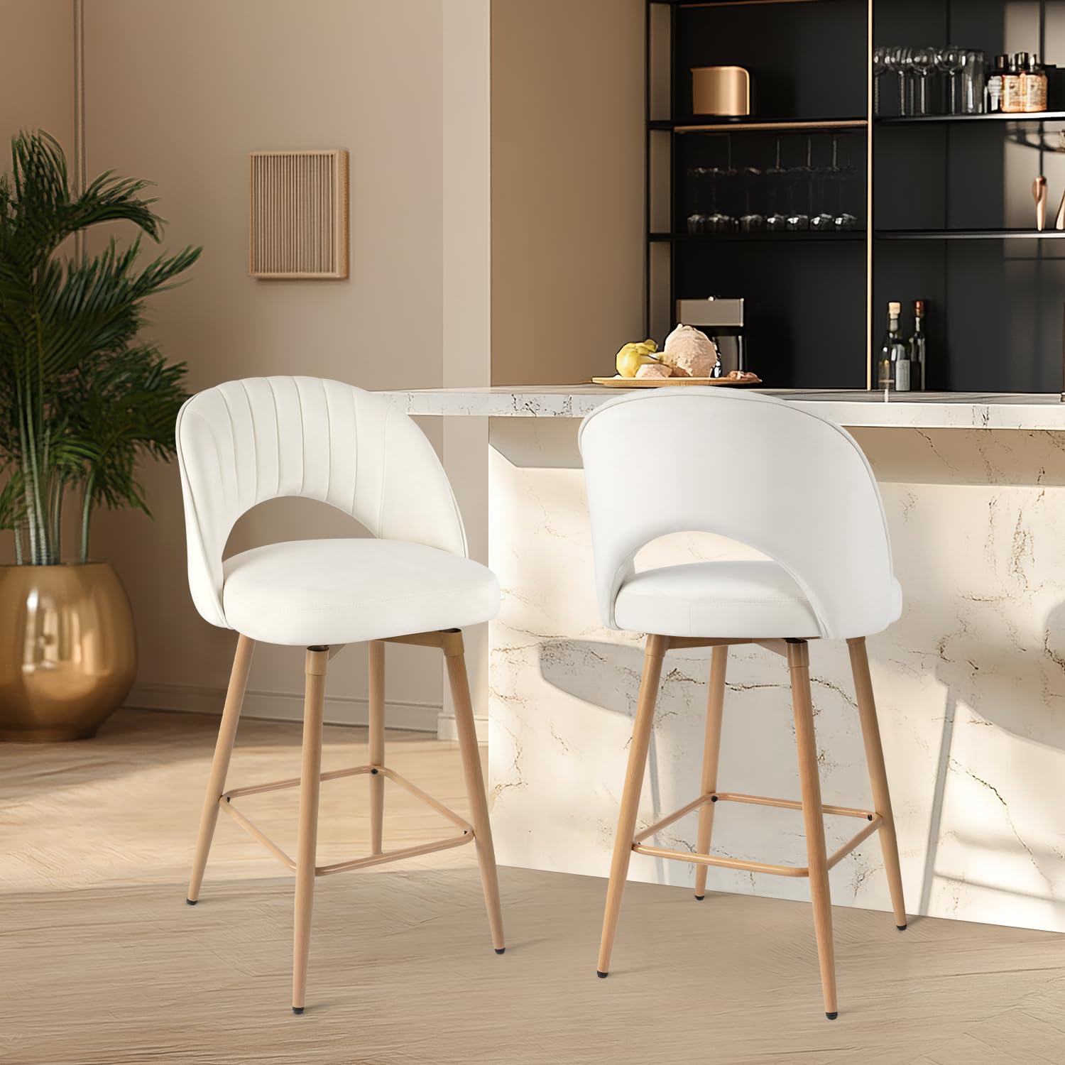 KRAMZMING Swivel Bar Stools Set of 2, Counter Height Barstools for Kitchen Island, 26" Seat Height Bar Chairs for Dining Room, Velvet Upholstered Bar