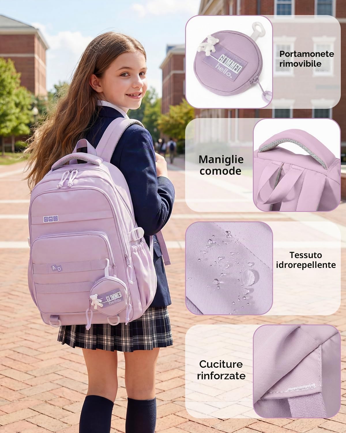 Amythe Zaino Ragazza per Scuola Elementare e Media - Set Zaino Scuola 3 Pezzi per Bambina con Borza Pranzo e Astuccio - Zaini da viaggio Leggero per Bambini 9-16 Anni -Viola