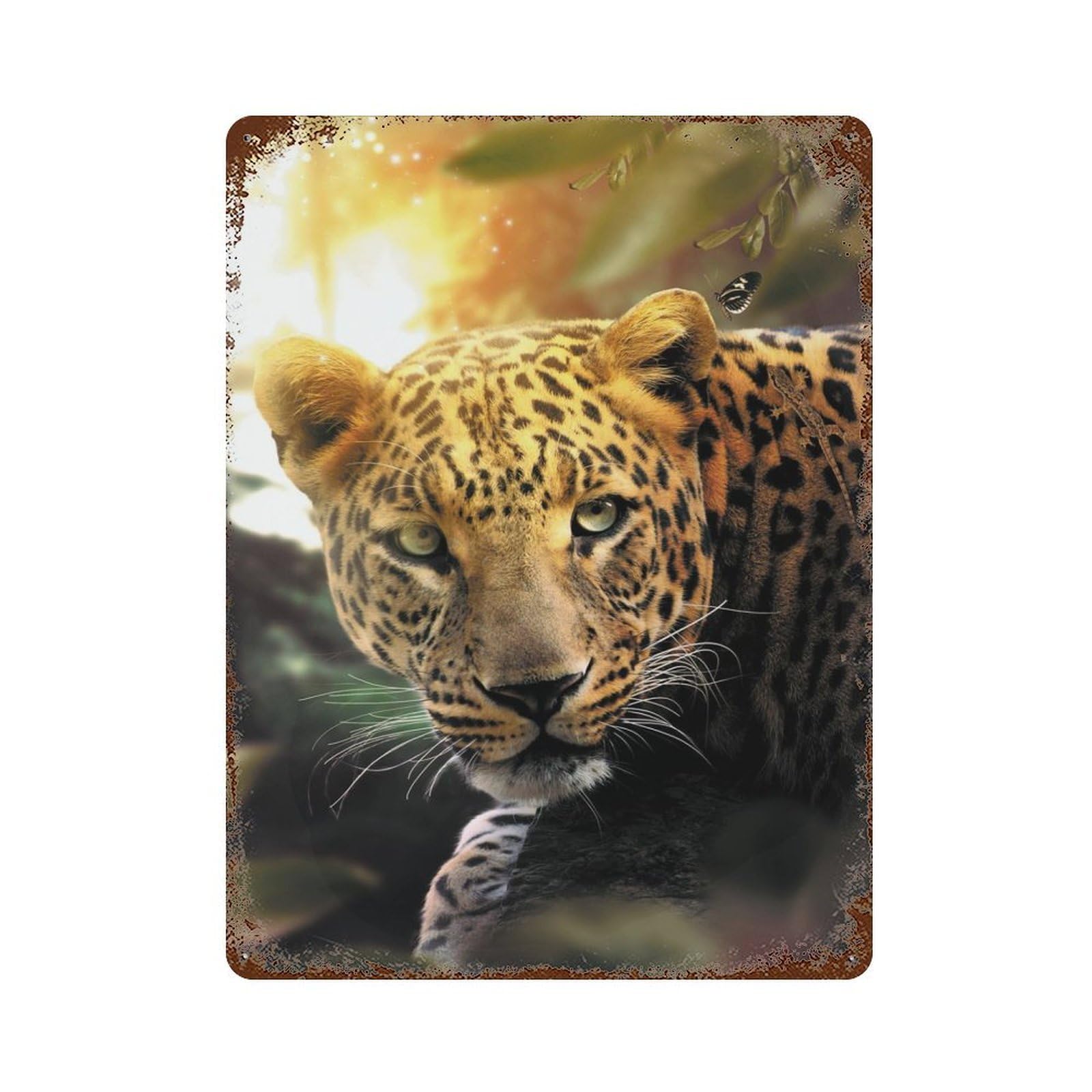 Leopard And Butterfly Rusty Metal Tin Sign 15.7"x11.8", for Shed, Workshop And Garage Wall Decor, Novelty Wall Decor