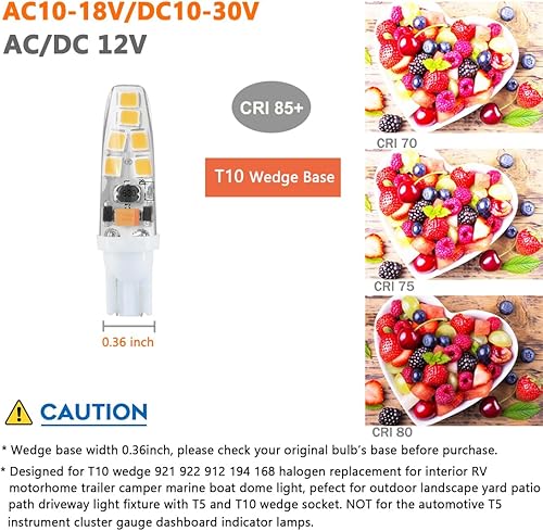 Miniatura 2 de Bombilla LED T5 T10 con base de cuña de 2 W, 3000 K, blanco cálido para 12 V, 24 voltios, luz de camino de paisaje, 921 922 912 194 168 T10 cuña RV