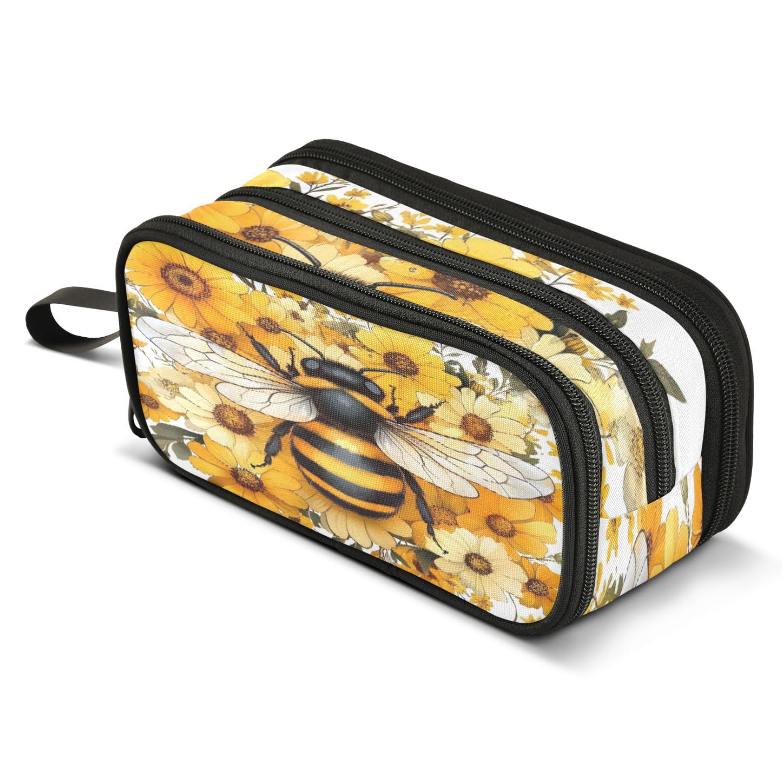 ALAZA Yellow Daisy Bee Bumblebees Pencil Case for Boys Girls Kids Pencil Pouch 3 Compartment Pen Bag Large Capacity Storage Pencil Holder School Students with Zipper