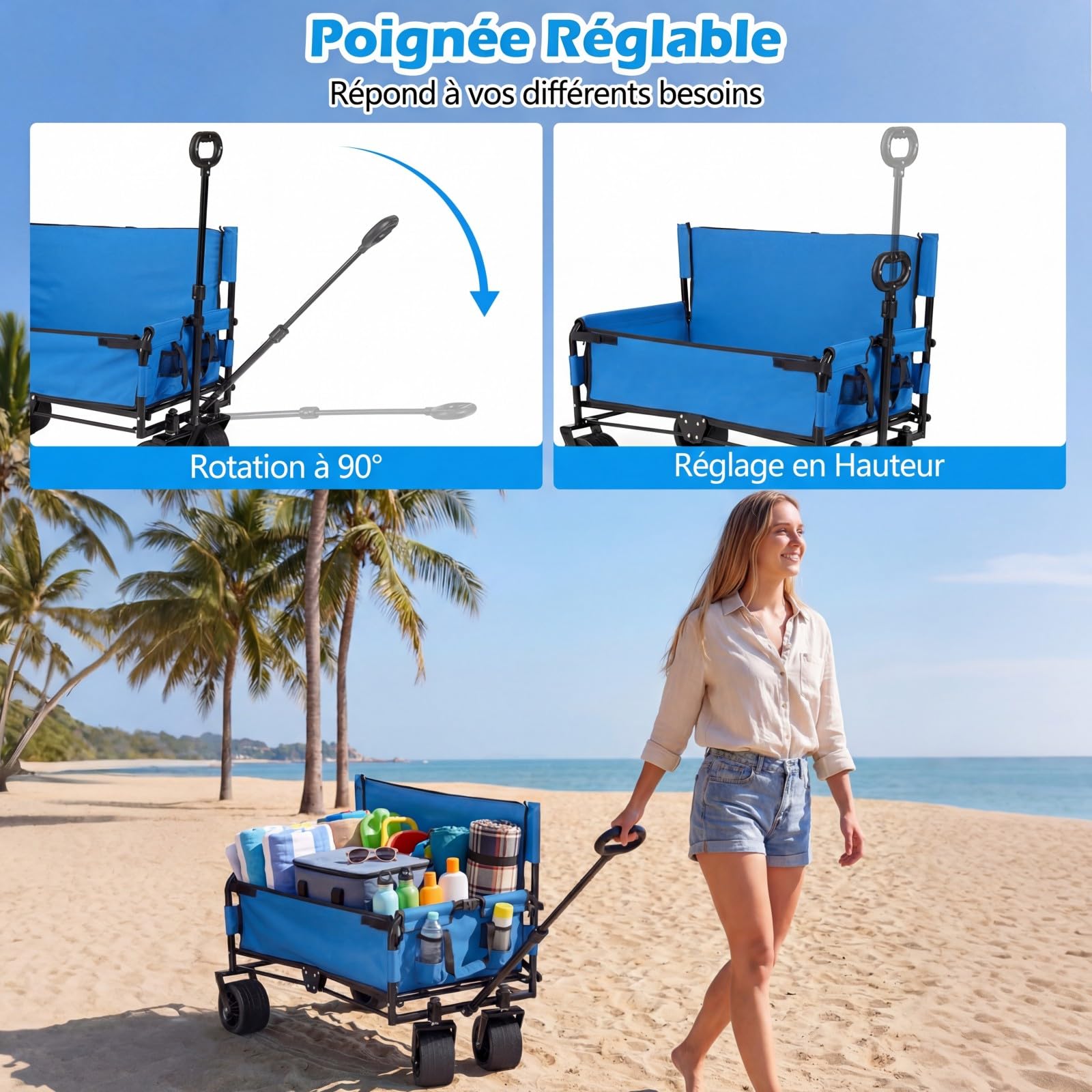 COSTWAY Chariot de Plage Pliable Banc 2-en-1, Chariot de Transport 85 L avec Poignée Ajustable Poussée/tirée Coussins Doux et Roues Tout-Terrain, pour Camping Sport et Shopping (Bleu)