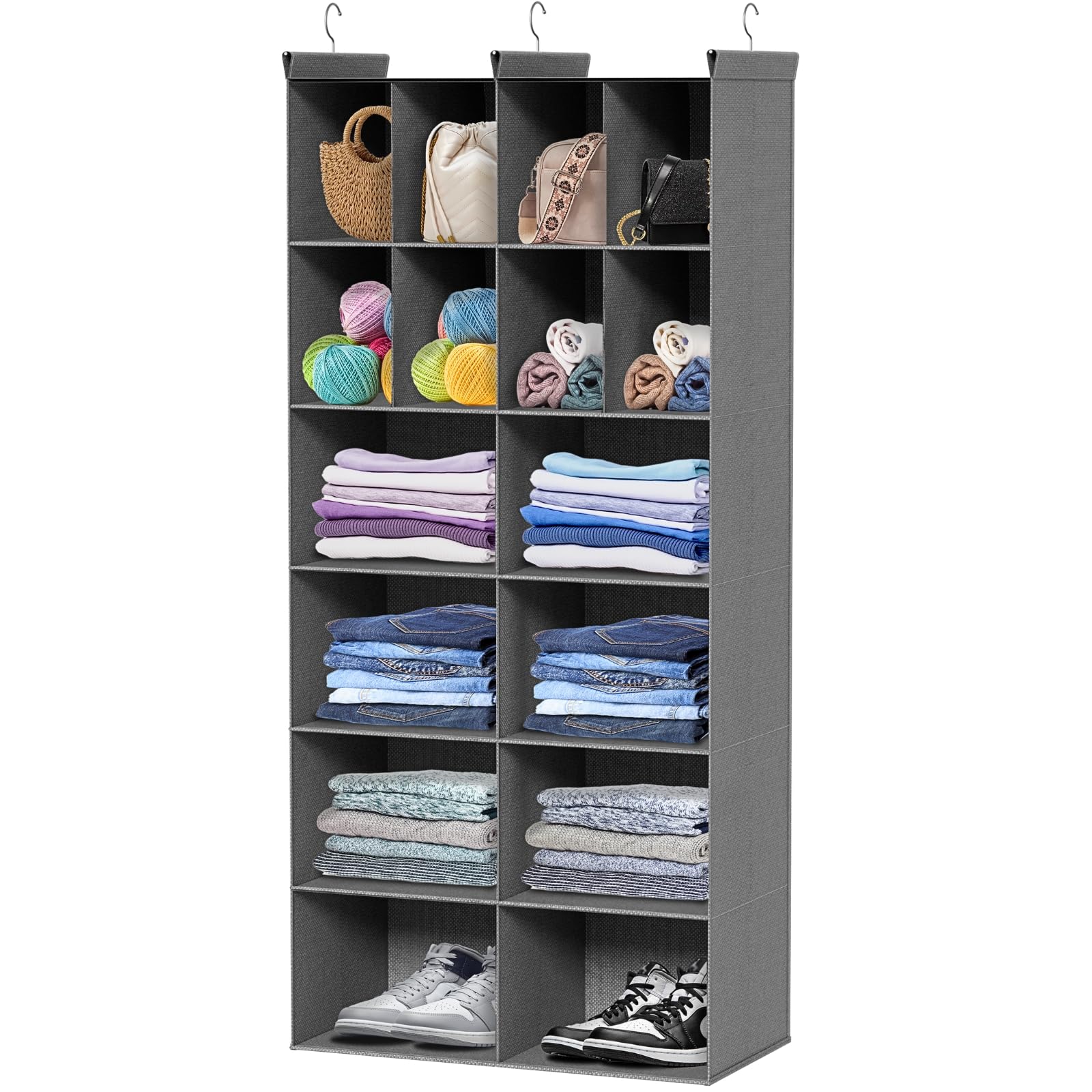 Ofiray-home 6 Tier Hanging Closet Organizer, 16 Compartments Sweater Organizer for Closet with 3 Sturdy Hooks, Closet Organizers and Storage, Wardrobe