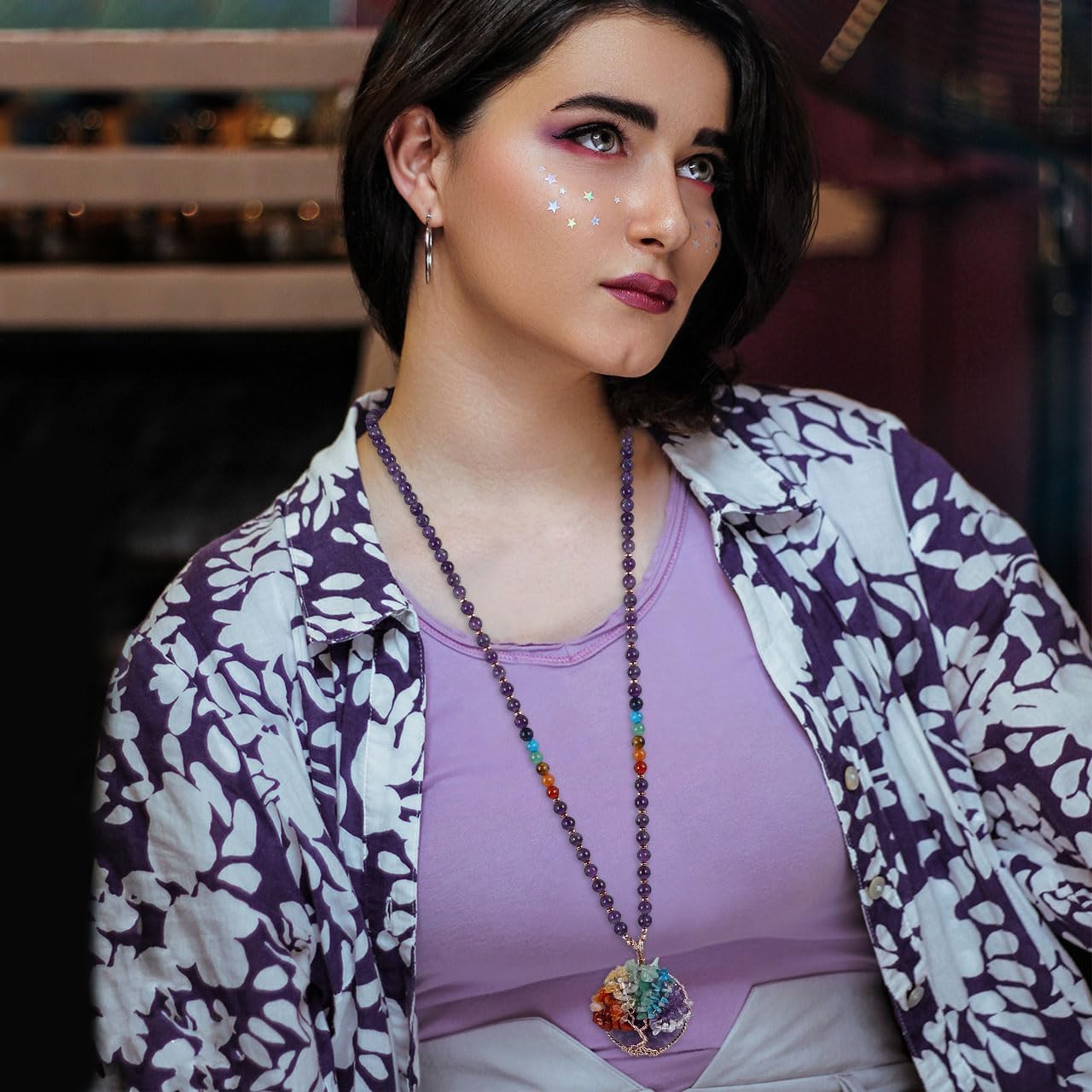 Top Plaza 7 Chakra Healing Crystal Natural Round Gemstone Pendant Necklace Life Tree Copper Wire Wrapped Beads Necklaces Reiki Jewelry for Women - Image 3