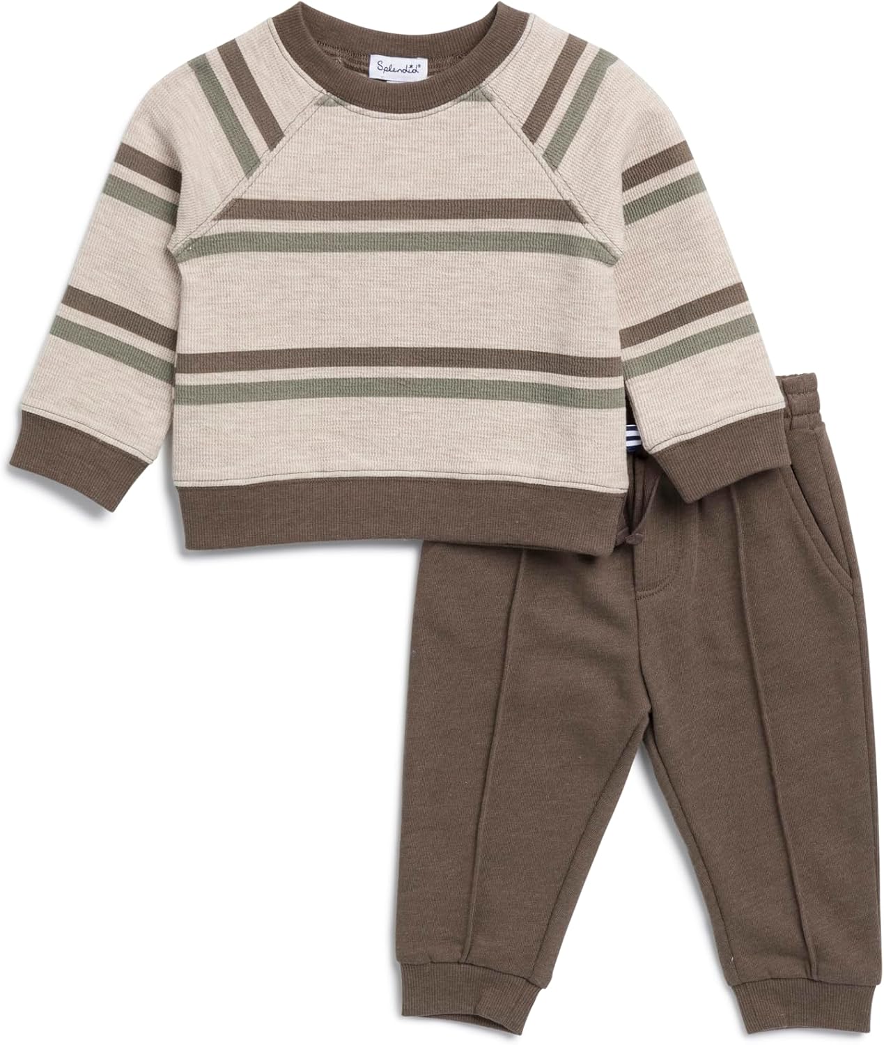 Splendid Baby Boys' On The Trail Sweatshirt Top and Jogger Pant 2-Piece Set, Truffle Stripe, 3-6 Months