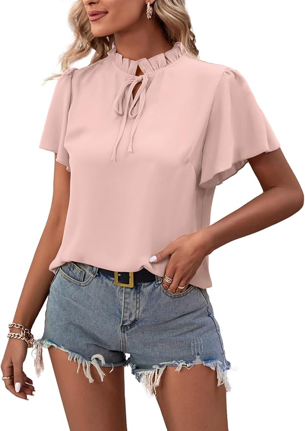 LYANER Women's Elegant Frill Mock Neck Ruffle Short Sleeve Blouse Work Shirt Top