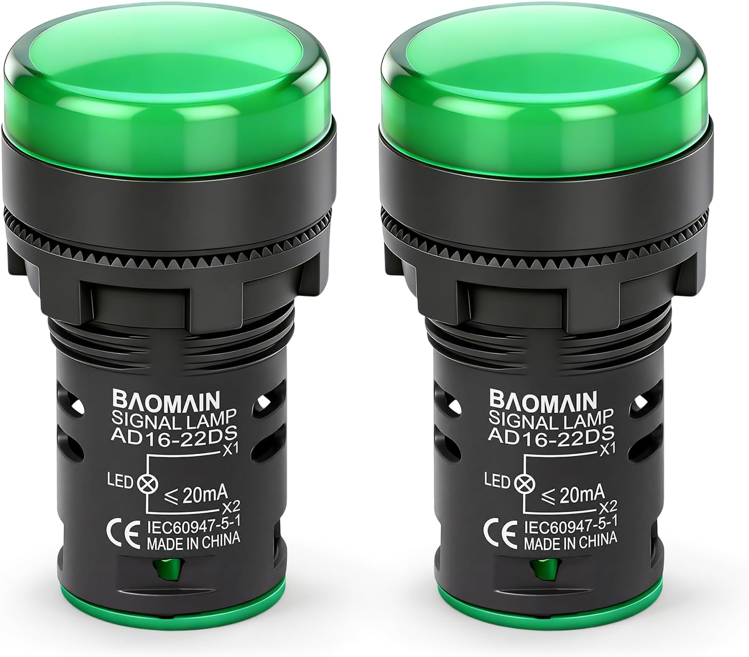 BAOMAIN 22mm LED Industrial Indicator Light,110V AC Pilot Signal Lamp for Industrial Machinery Control Circuits,7/8" Panel Mount, Screw Terminal,Green,2-Pack