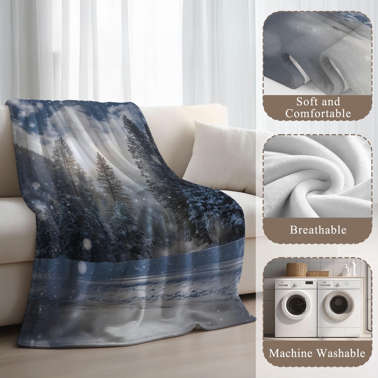 Générique Szaro-niebieski koc flanelowy z motywem eterycznego lasu ze sceną leśną, przytulny koc flanelowy, 180 cm x 200 cm, na łóżko, sofę, wystrój pokoju dziecięcego