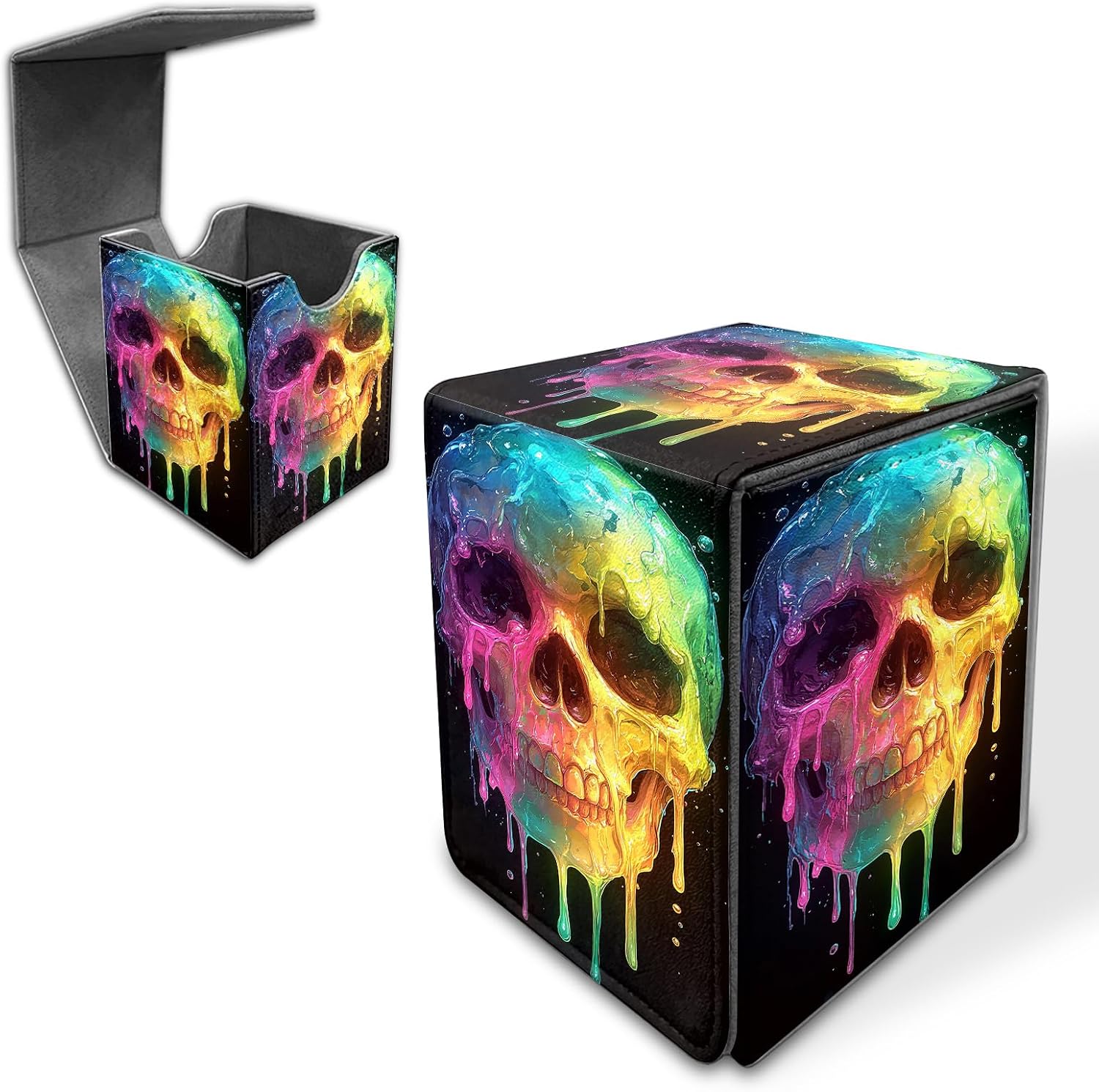 Deck Box for MTG/TCG/CCG, 100+ Sleeved Card Holder, PU Leather Trading Card Storage Box Case with Magnetic Closure, Quick Access for MTG Commander Game Cards, Neon Melting Skull