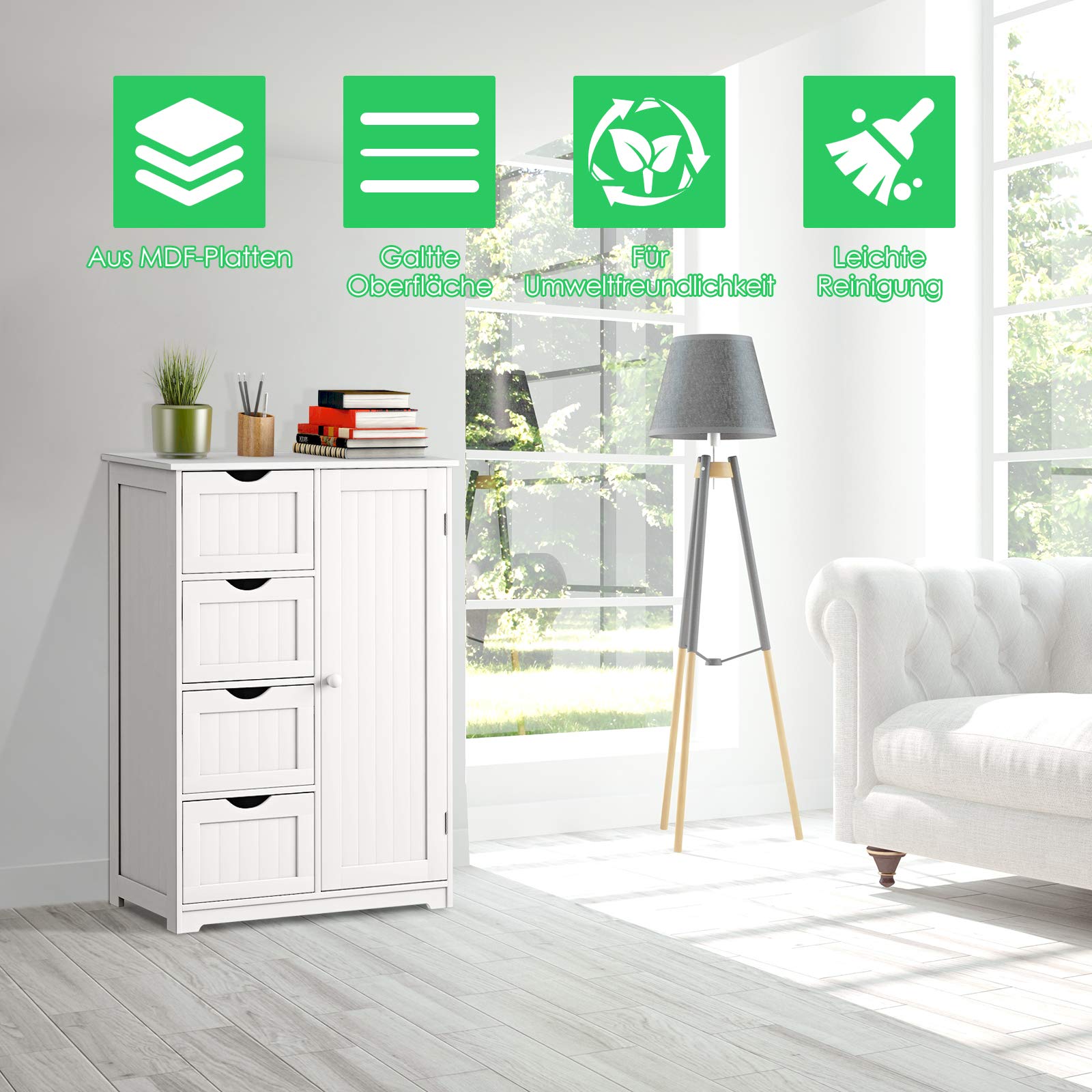 RELAX4LIFE Badezimmerschrank, Beistellschrank, Kommode mit 4 Schubladen, Lagerschrank Holz, Sideboard mit verstellbare Ablagen, Mehrzweckschrank für Bad & Zimmer & Flur, weiß