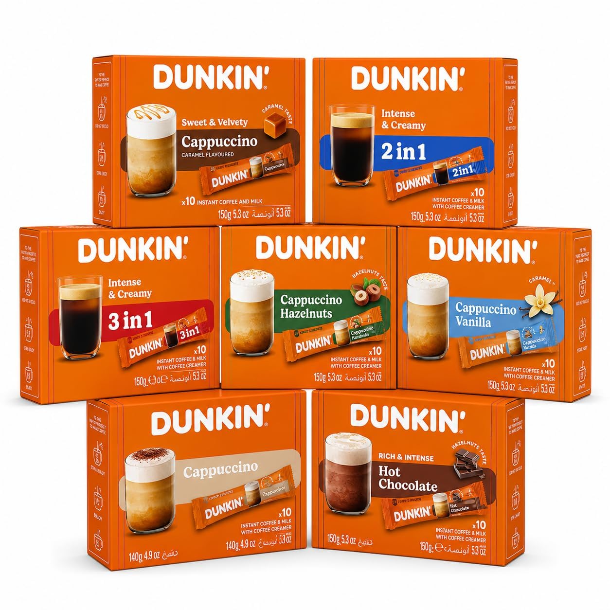 DUNKIN' Coffee STICKS Kawa Rozpuszczalna XXL (7 x 20 Saszetek, 140 Saszetek) – Zestaw Degustacyjny z Classic 2w1 i 3w1, Cappuccino (Karmel, Orzech Laskowy i Wanilia) oraz Gorącą Czekoladą