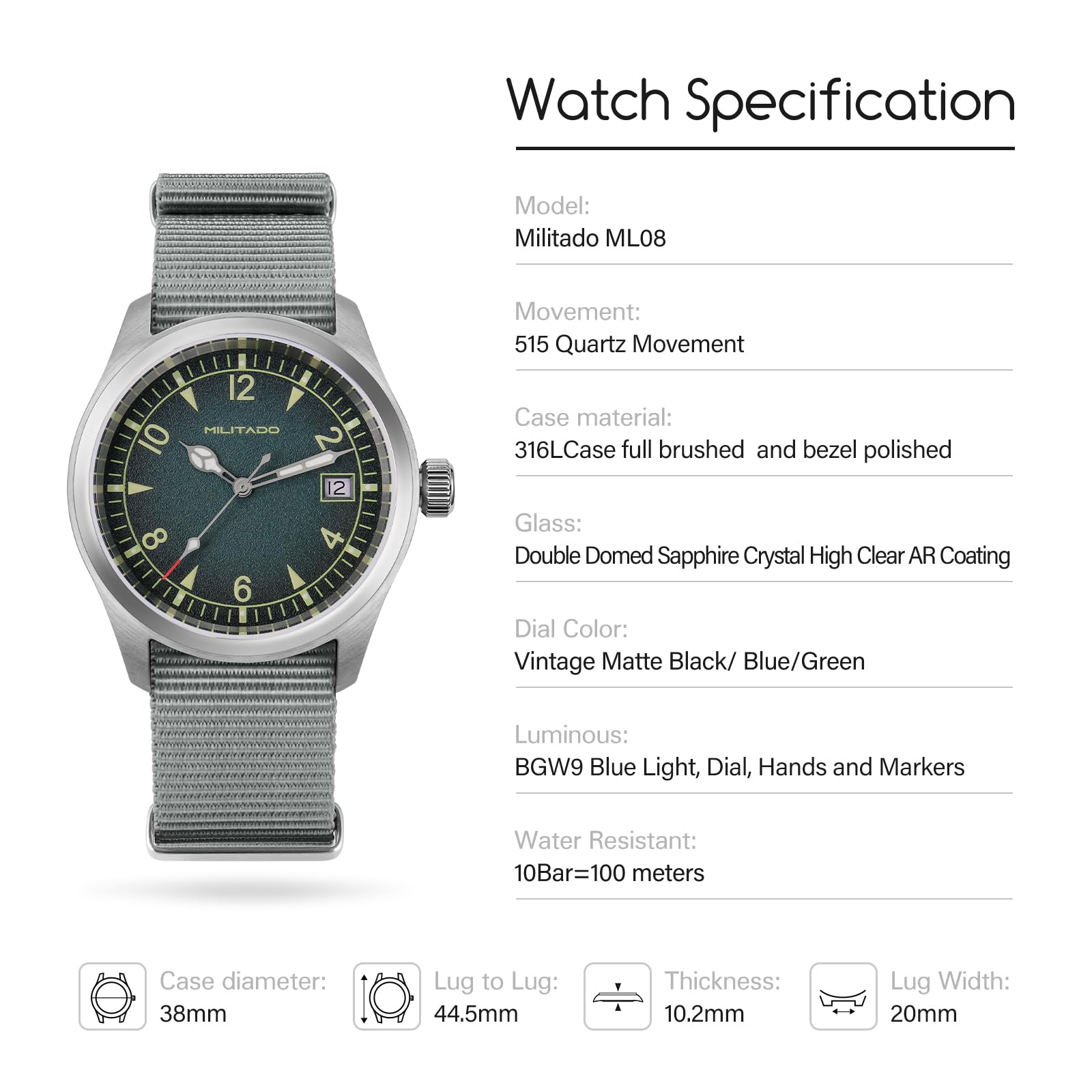 Tactical Frog ML08 Japanische Militäruhr VH31 38 mm für Herren, Militäruhr aus Saphir-Kristall, wasserdicht, 10 ATM, analoge Armbanduhr für Damen und Herren