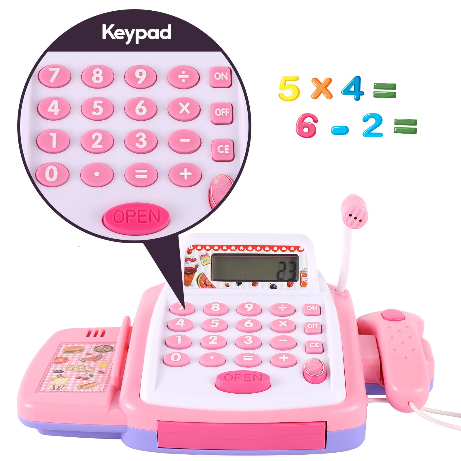 HYAKIDS Registratore di Cassa Supermercato Giocattolo per Bambini con Scanner di Suoni e Luci, Cibo Finto, Carrello, Giochi di Imitazione Regalo per Ragazze Ragazzi 3 Anni Rose