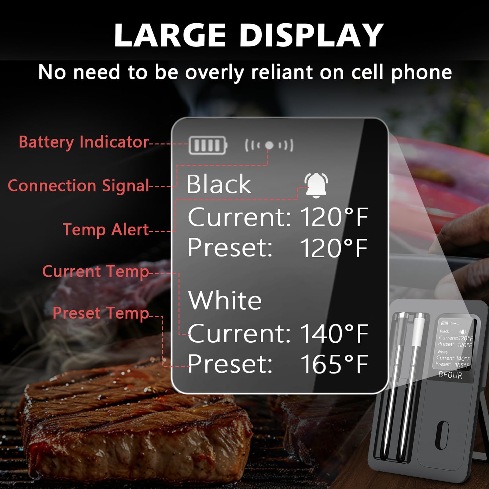 Bezprzewodowy termometr do mięsa, grillowany termometr do mięsa Bluetooth 2 wodoodporne sondy, inteligentny bezprzewodowy termometr do mięsa z wyświetlaczem LCD HD, cyfrowy bezprzewodowy termometr