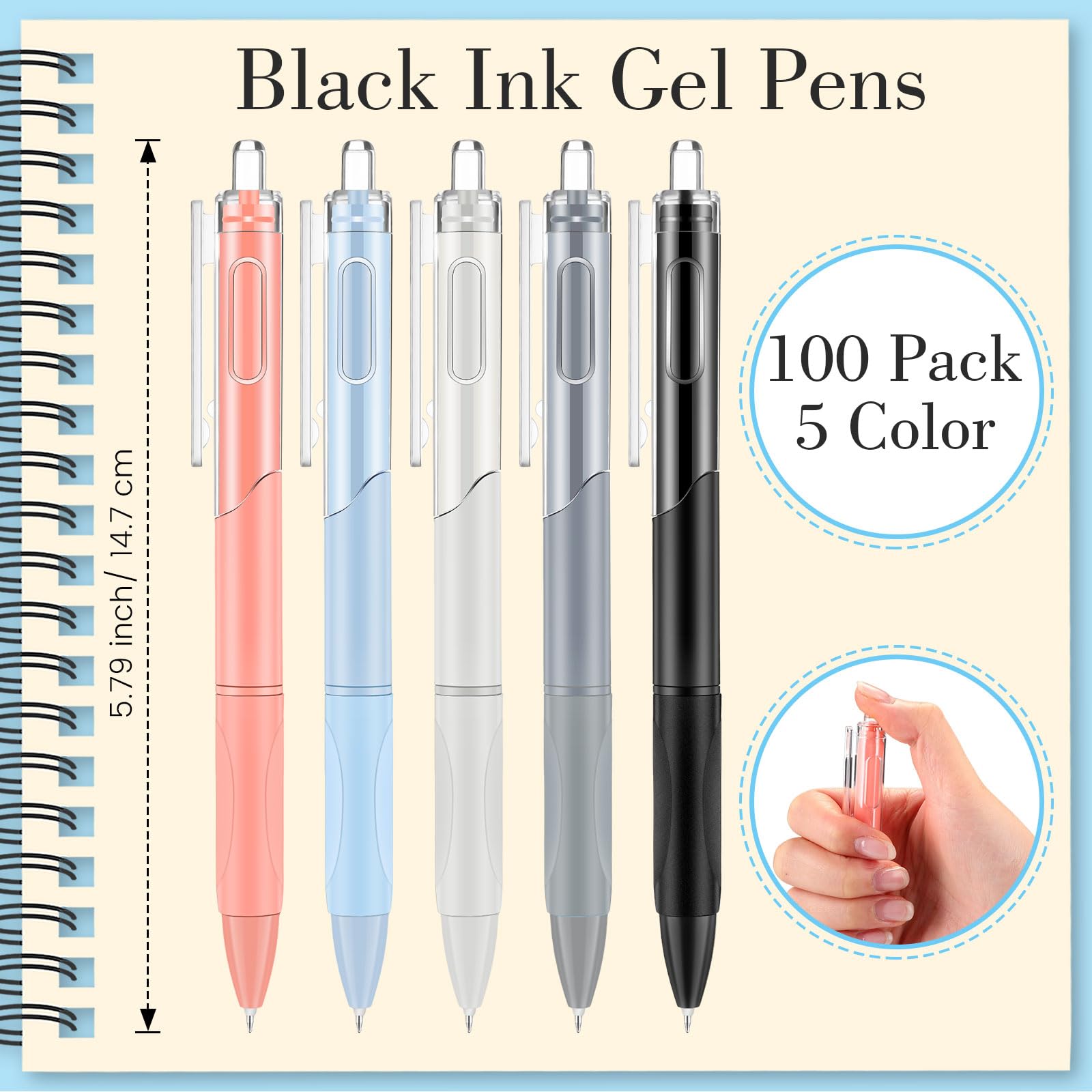 Motiskyy 100 bolígrafos de tinta de gel negro de 0,5 mm, retráctiles, punta media, escritura suave, agarre cómodo para el regreso a clases, oficina, aula, negocios, hogar, suministros de trabajo