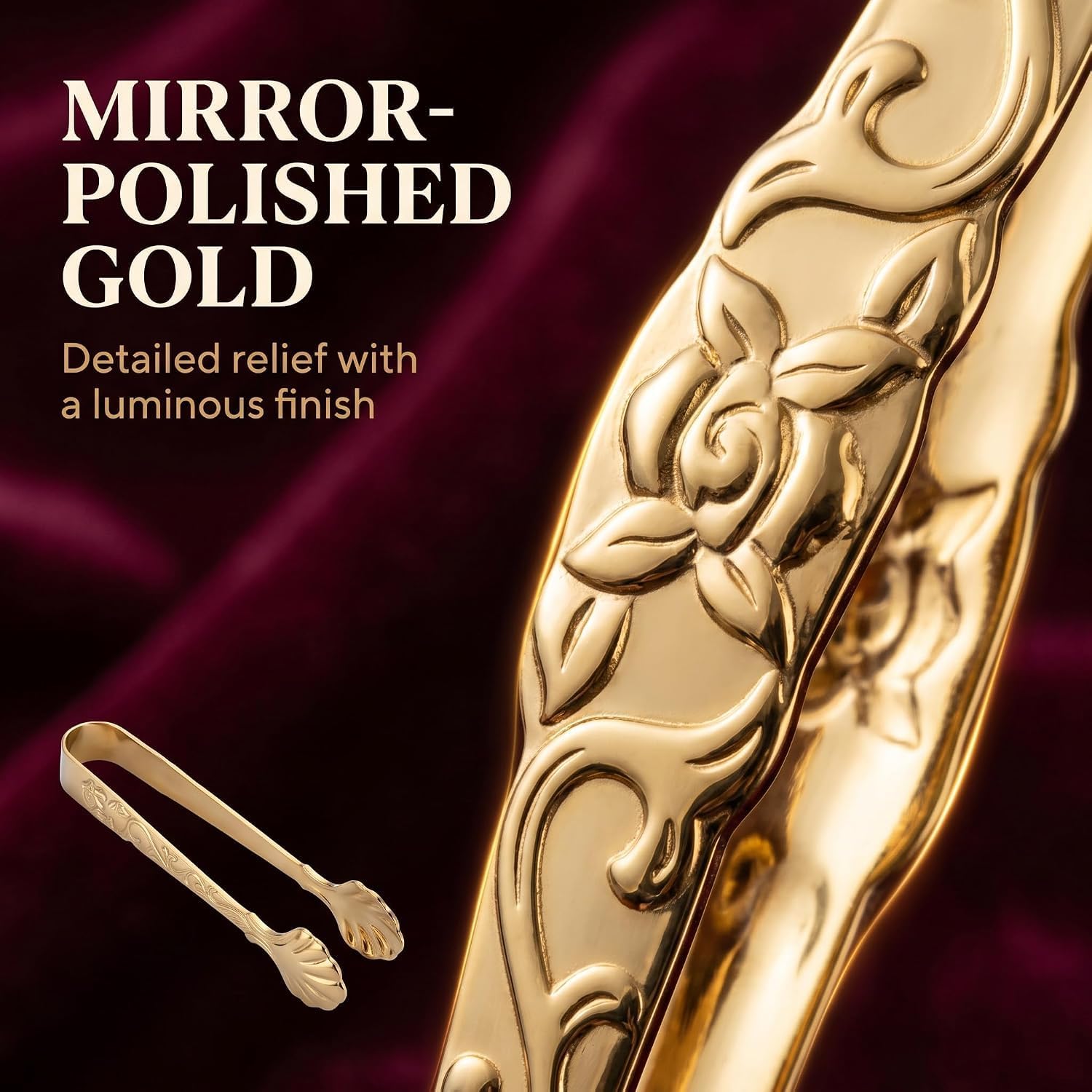 Gold Mini Serving Tongs, Vintage Rose Relief Handle Ice Cube Clips Sugar Tongs, Stainless Steel Sugar Cube Tongs, for Tea Coffee Appetizers Desserts Sugar Tongs
