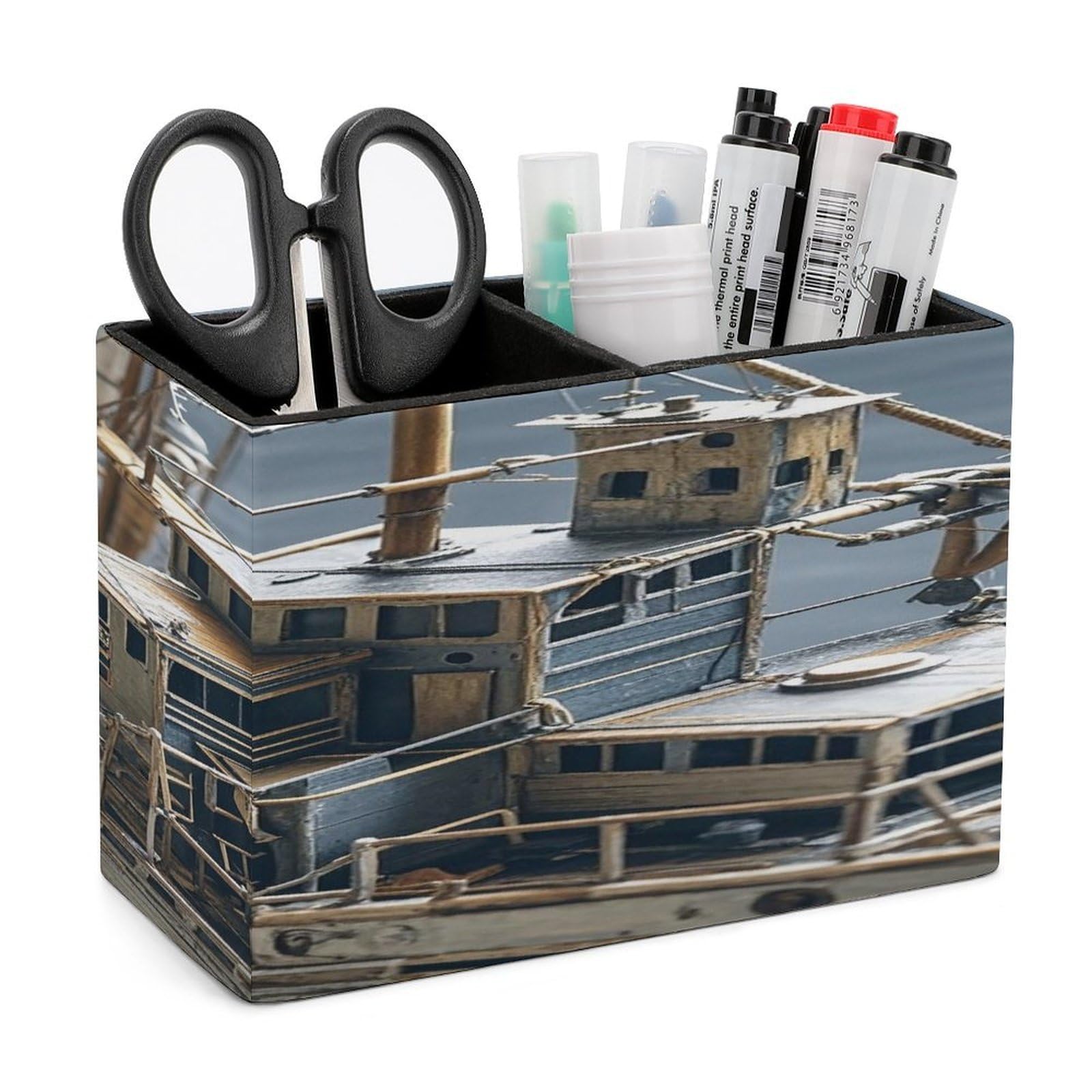 VstaDank Boat Pencil Holder for Desk Organizer 2 Compartments Pen Cup Leather Square Pen Holder Pencil Cup Stand Makeup Brush Holders for Desktop Organizer Storage Case