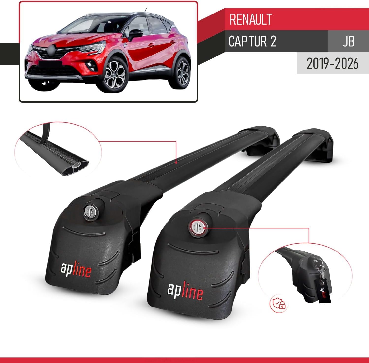 Compatible with Renault Captur 2 (JB) 2019-2026 ACE-2 Type Car Roof Rack Cross Bar Black Aluminium Bars