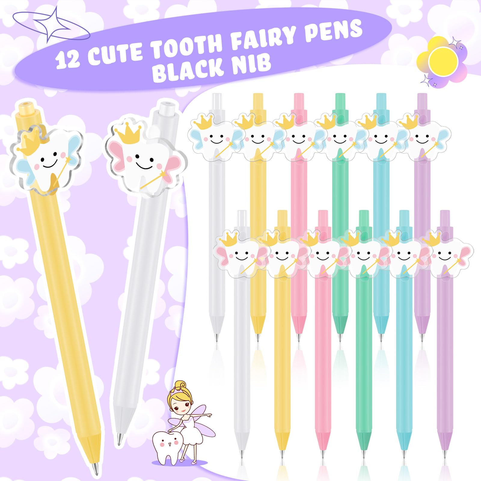 12 Pcs Tooth Fairy Wand Pens, Cute Tooth Fairy Gifts for Lost Teeth Rewards, Fun Writing Pens for Prizes, Dental Hygiene Rewards & Birthday Party Favors