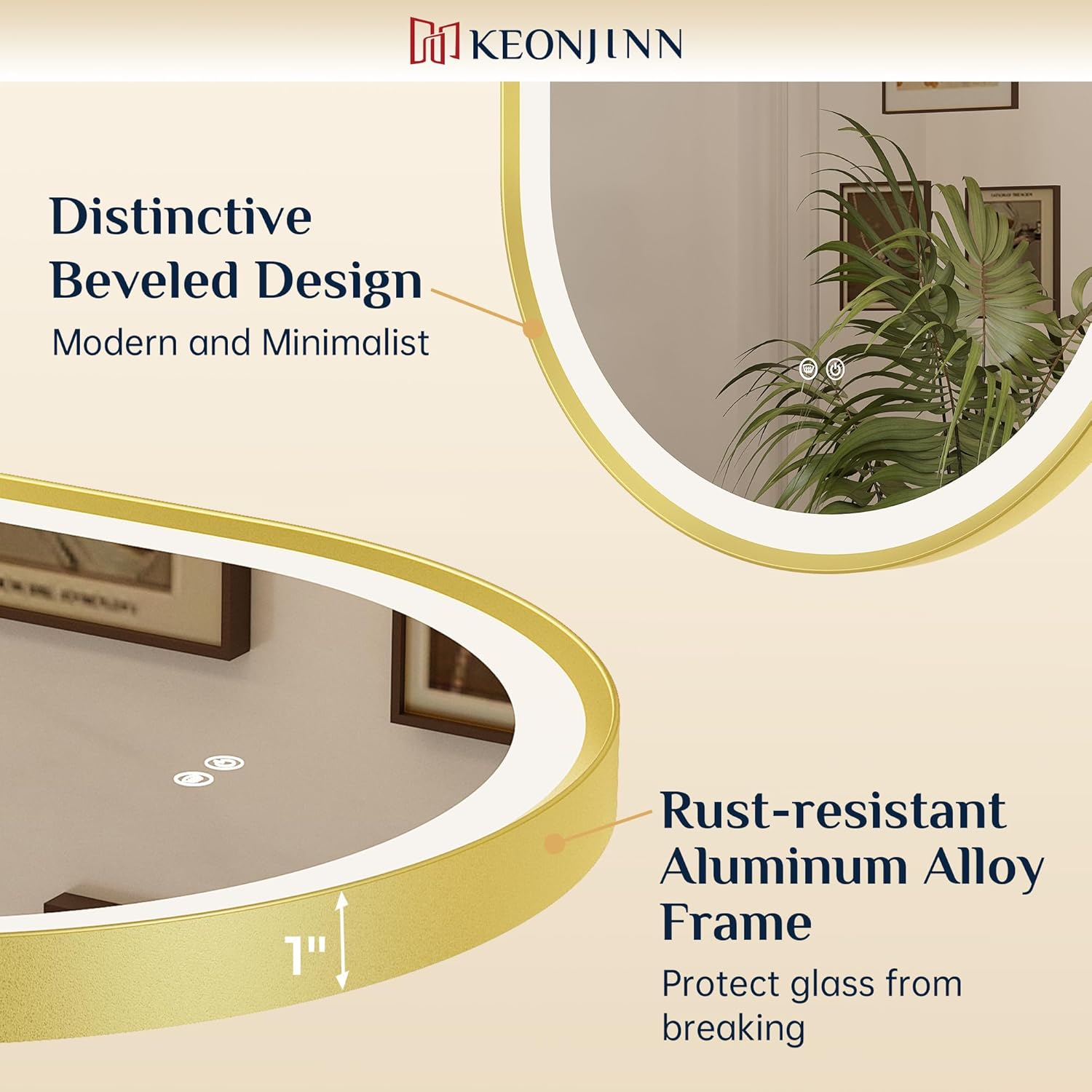 Keonjinn Oval LED Bathroom Mirror 24x36 Inch, Gold Beveled Metal Frame, Frontlit & Backlit Bathroom Mirror with 3 Color Tempurature, Dimmable Lighted Mirrors for Wall with Anti-Fog, HD Tempered Glass