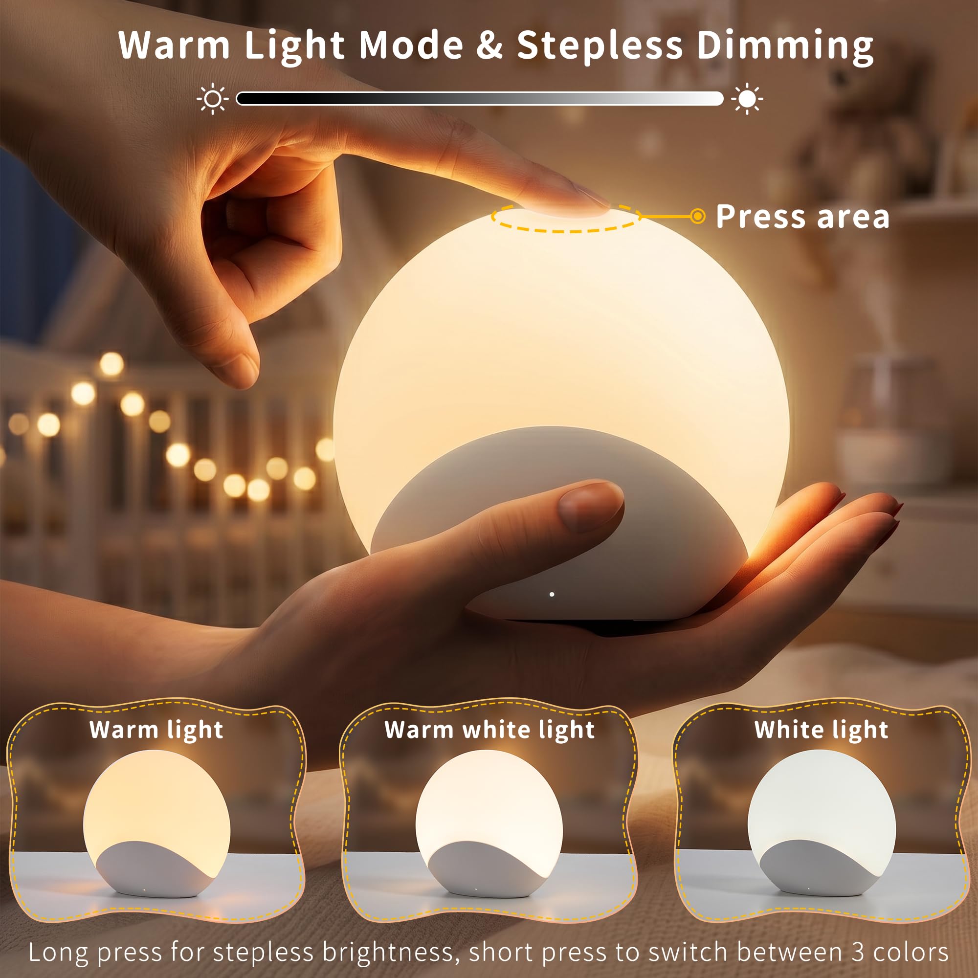 Lámpara de noche con cambio de color, atenuación y temporizador continuos, luz brillante suave recargable para guardería, niños, adultos, mesita de noche, alimentación, modo de sueño, iluminación