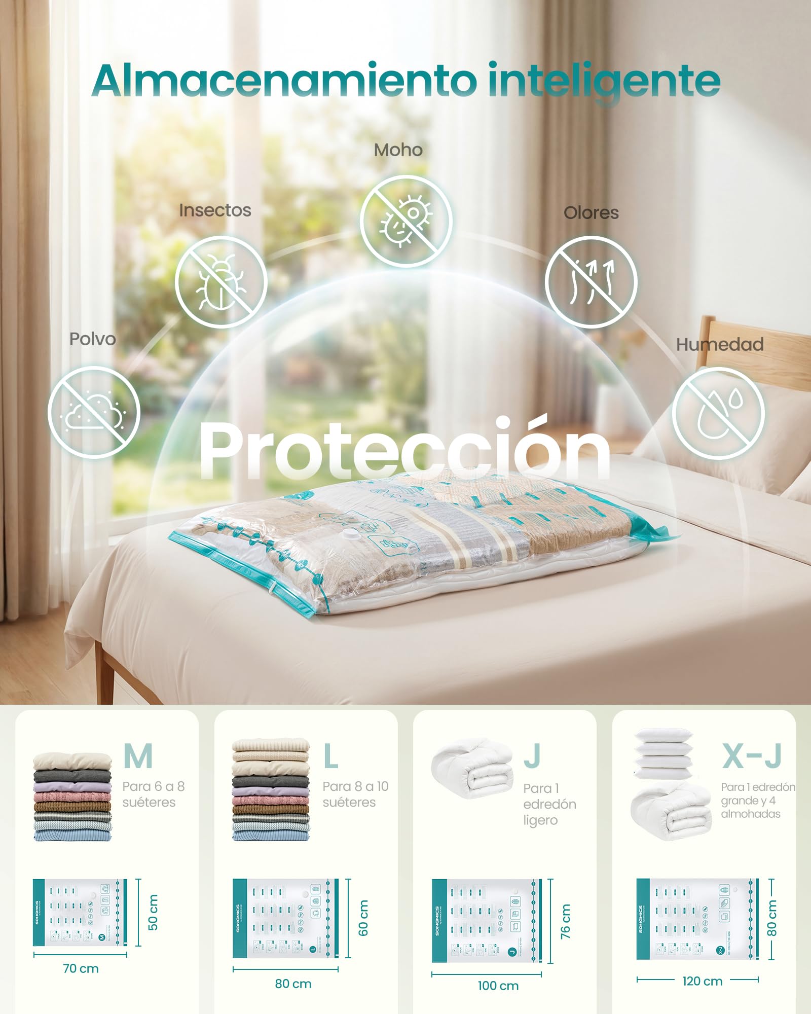 SONGMICS Bolsas de Vacío con Bomba Eléctrica Recargable y Portátil, Bolsas para Ropa, Sábanas, Armarios y Viajes, Compactas y Reutilizables, 15 Piezas, 3M/4L/4J/4X-J, Transparentes LVB204W101 - 3