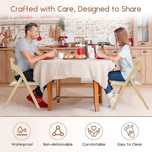 Miniatura 7 de Juego de 2 sillas de comedor plegables color beige, sillas de comedor plegables de madera, modernas sillas de comedor de ratán de cuero de mediados