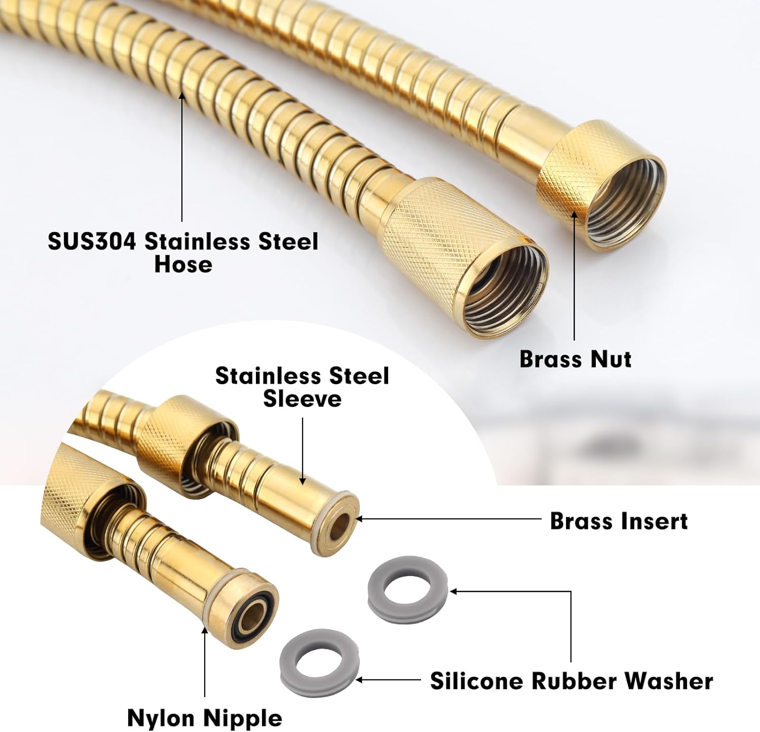 PureHaven 59" Metal Longlife Shower Hose, Gold, Suitable for GROHE Hand Shower, Durable Metal Construction