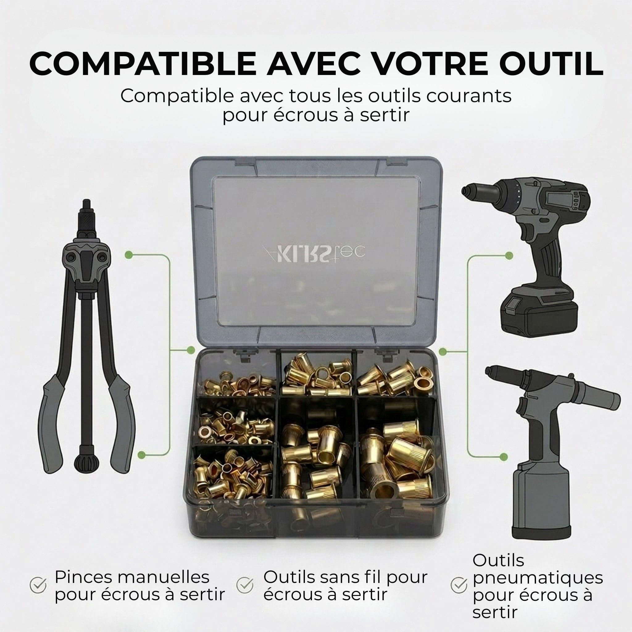 KLRStec Professional Kit Écrous à Sertir [300 pcs] Assortiment Écrous Rivets en Acier Galvanisé – Inserts Filetés M3-M12 pour Métallerie, Automobile, Industrie – Compatible Pince à Sertir