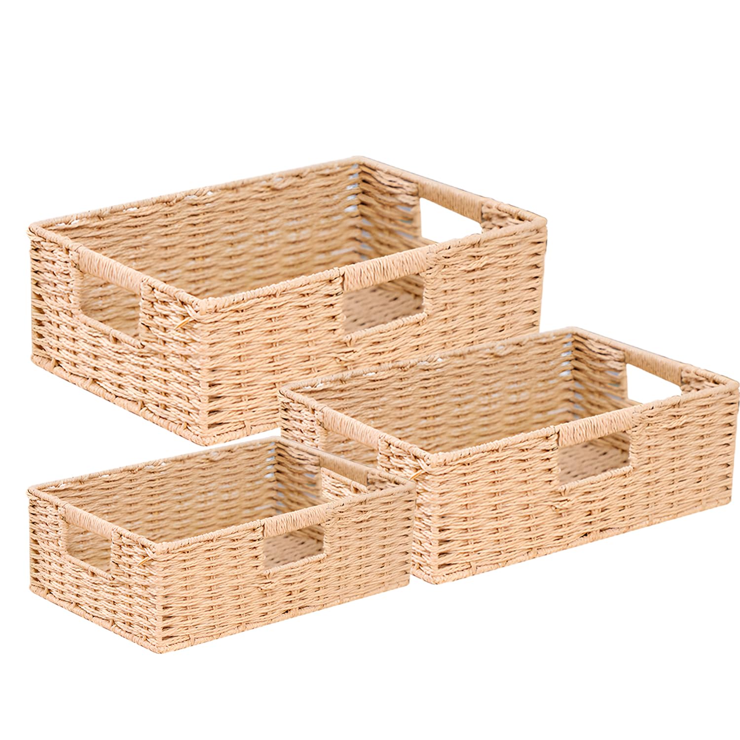 Fohome 3 Pack Rectangle Woven Home Storage Baskets, Paper Rope Storage Baskets Straw Rattan Basket for Organizing with Handle, Cosmetic Storage Box (L)